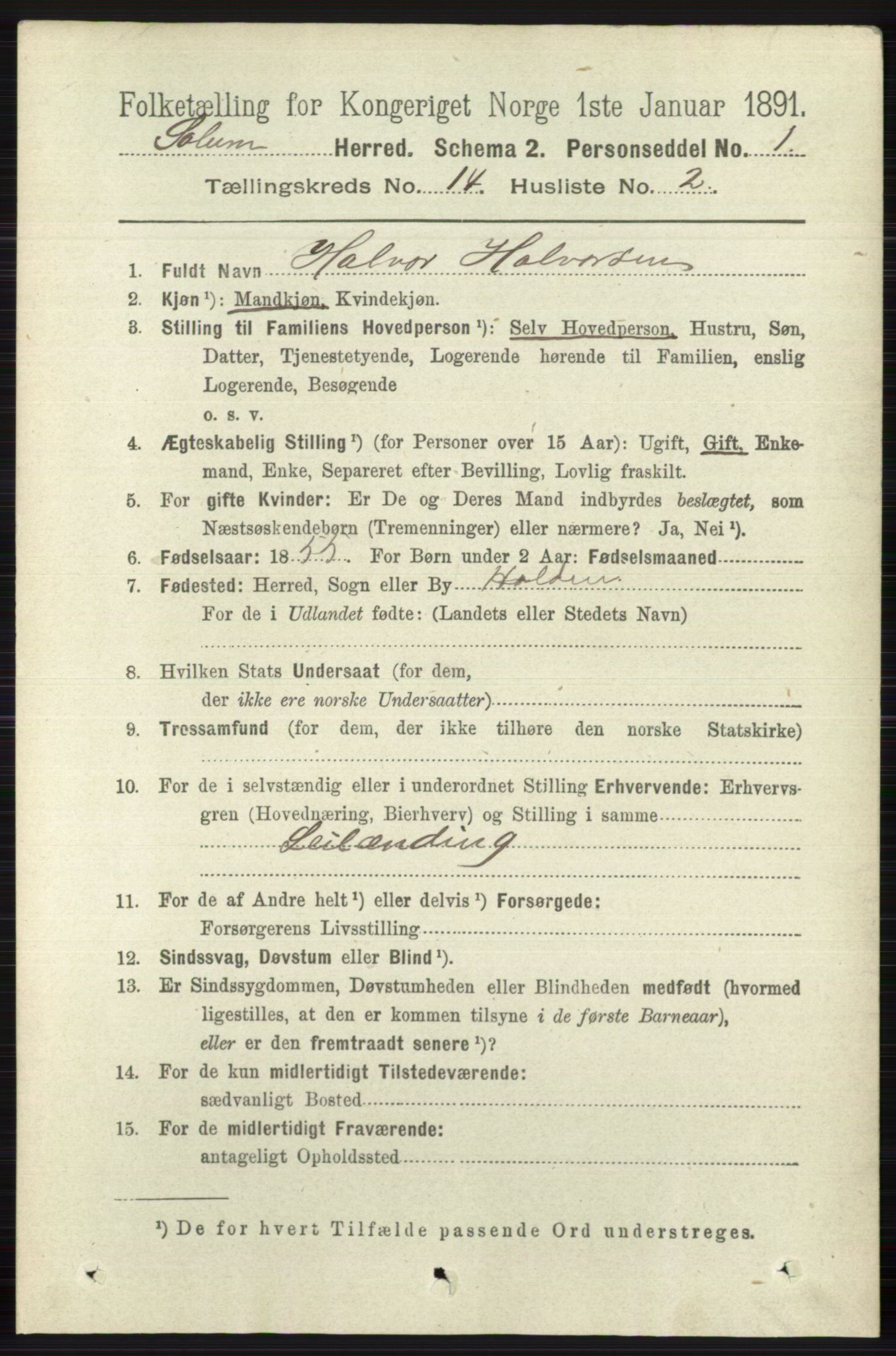 RA, 1891 census for 0818 Solum, 1891, p. 6369