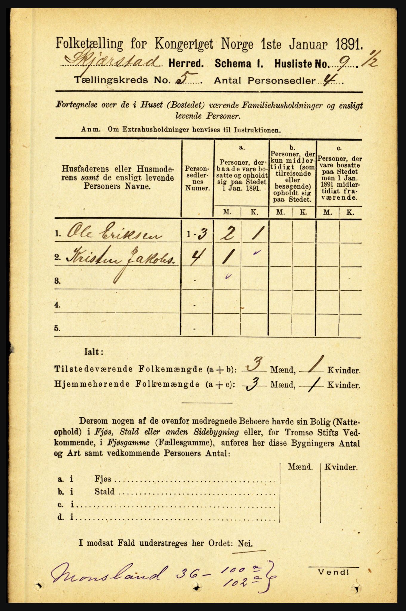 RA, 1891 census for 1842 Skjerstad, 1891, p. 1407