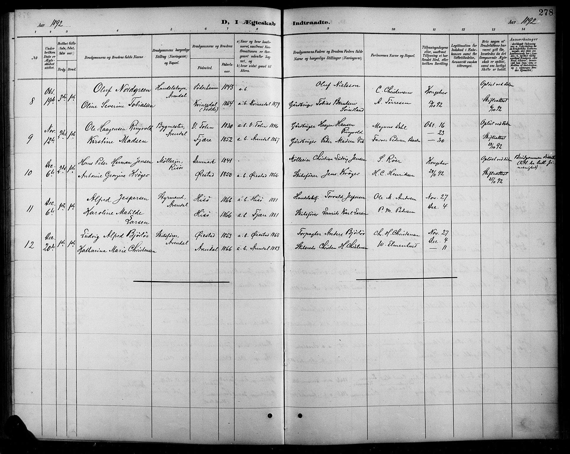 Arendal sokneprestkontor, Trefoldighet, SAK/1111-0040/F/Fb/L0006: Parish register (copy) no. B 6, 1889-1916, p. 278