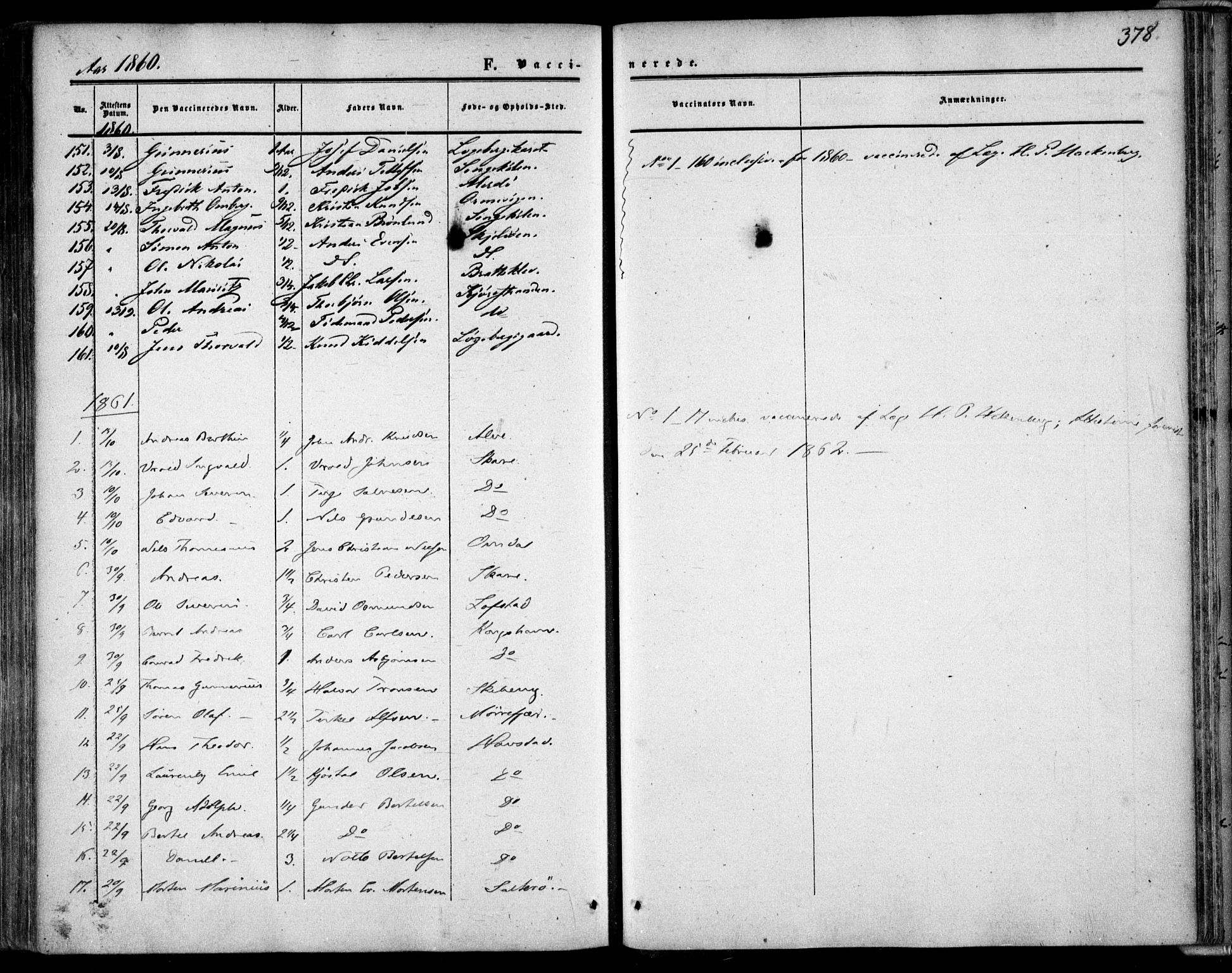 Tromøy sokneprestkontor, SAK/1111-0041/F/Fa/L0006: Parish register (official) no. A 6, 1855-1863, p. 378