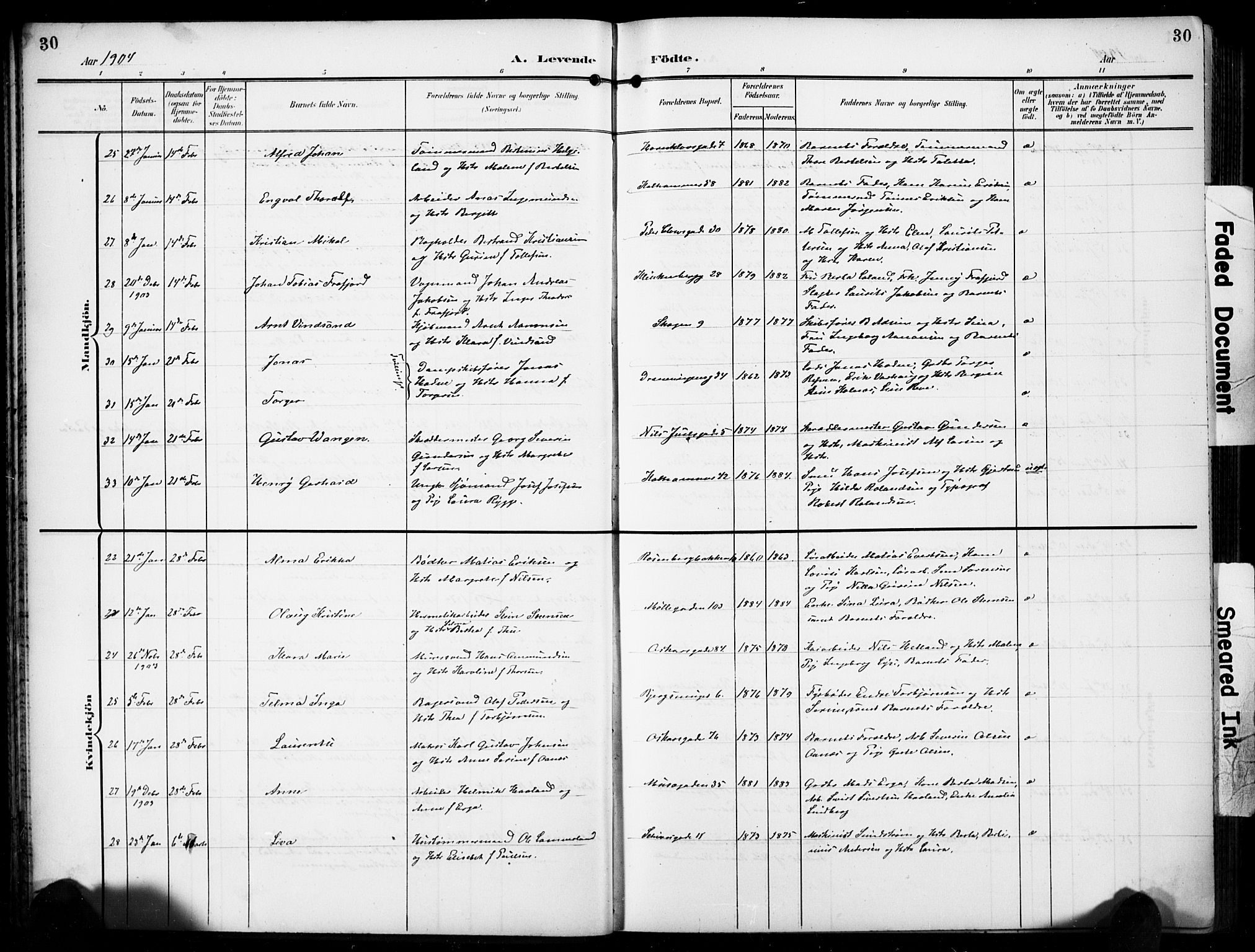 Domkirken sokneprestkontor, AV/SAST-A-101812/001/30/30BB/L0018: Parish register (copy) no. B 18, 1903-1915, p. 30