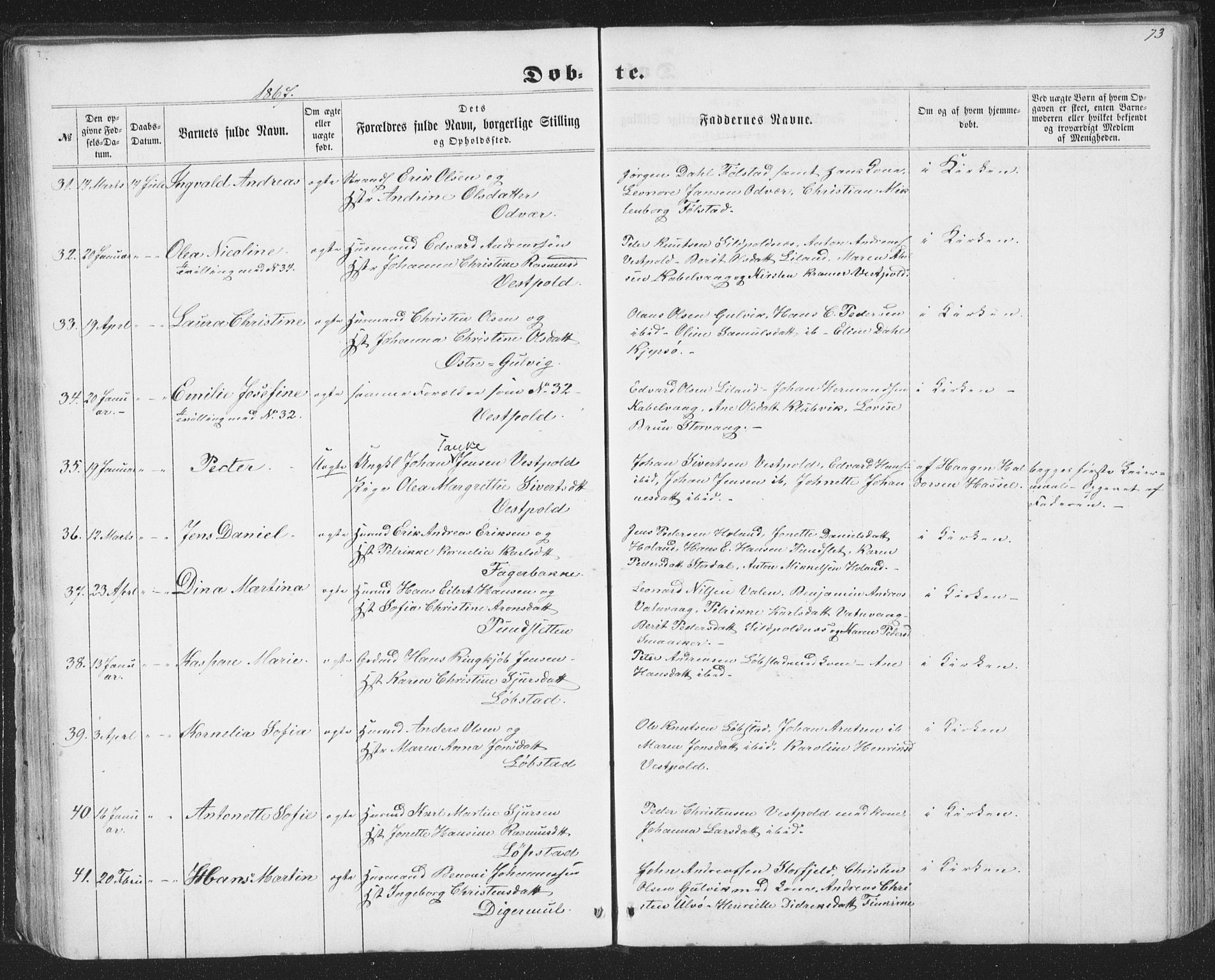 Ministerialprotokoller, klokkerbøker og fødselsregistre - Nordland, AV/SAT-A-1459/874/L1073: Parish register (copy) no. 874C02, 1860-1870, p. 73