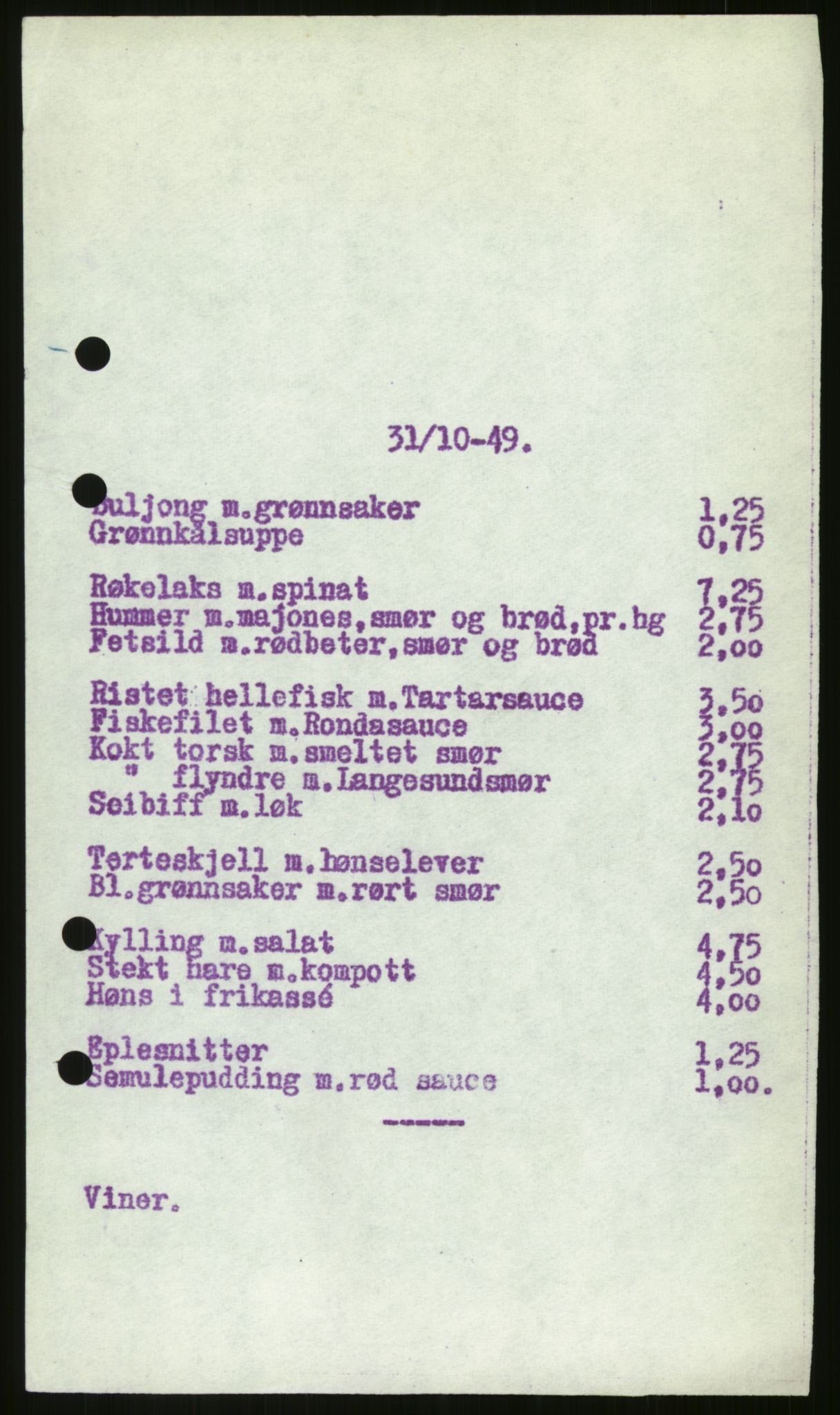 Norsk Spisevognselskap A/S, RA/PA-1528/F/Fc/L0001/0003: -- / Meny, 1949