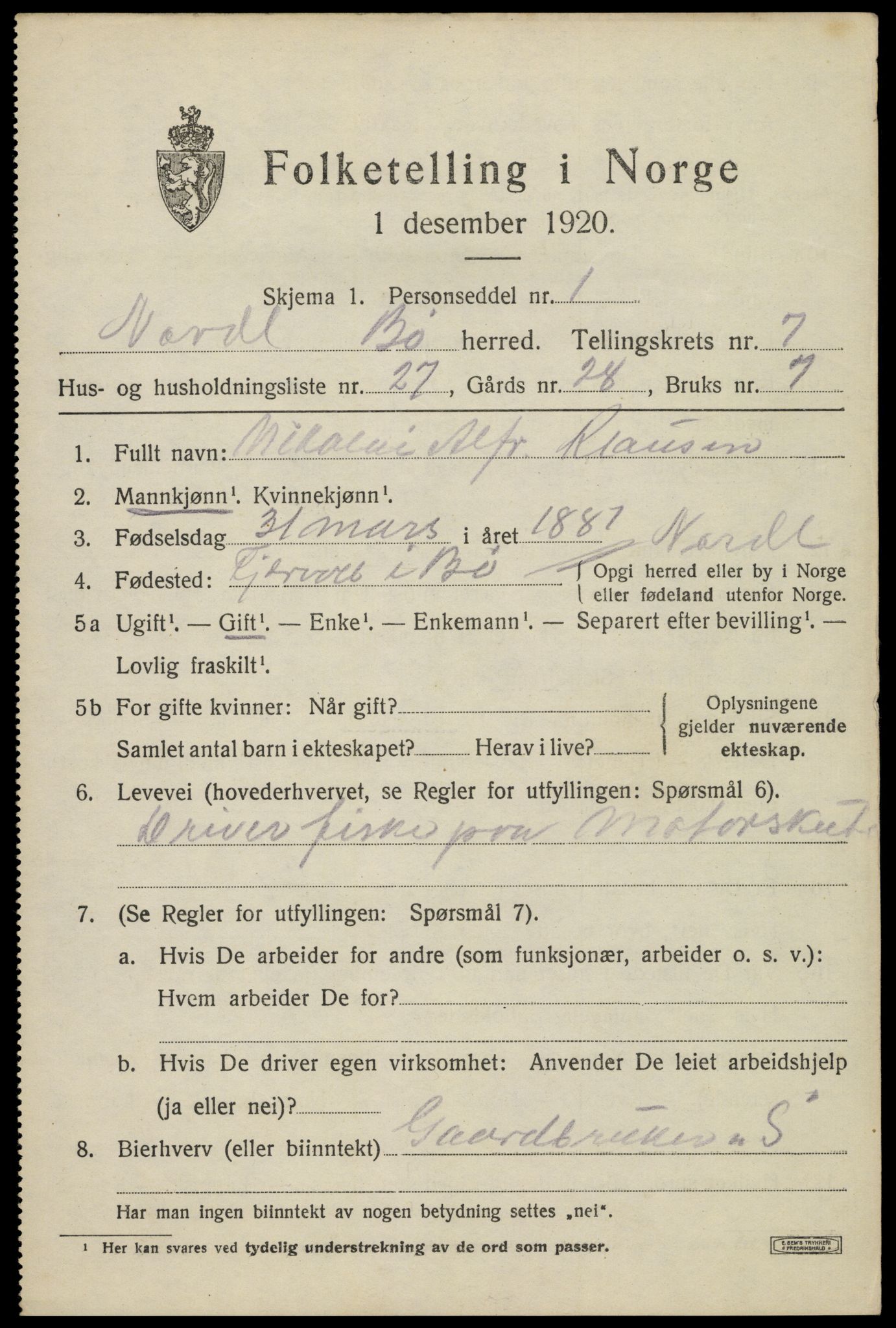 SAT, 1920 census for Bø, 1920, p. 6394