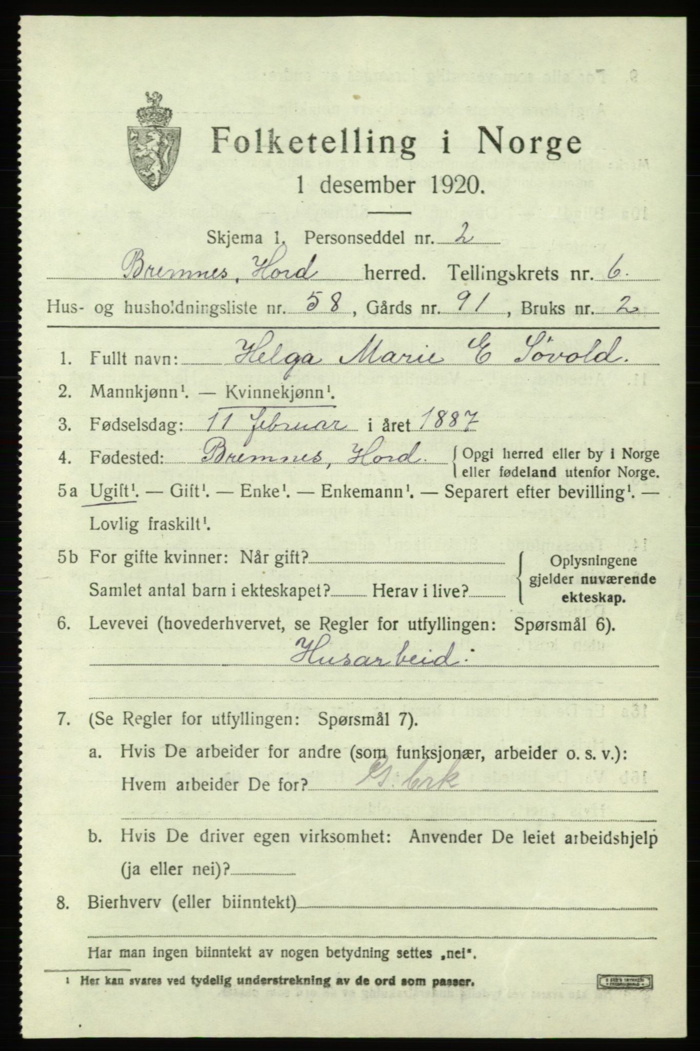 SAB, 1920 census for Bremnes, 1920, p. 4002