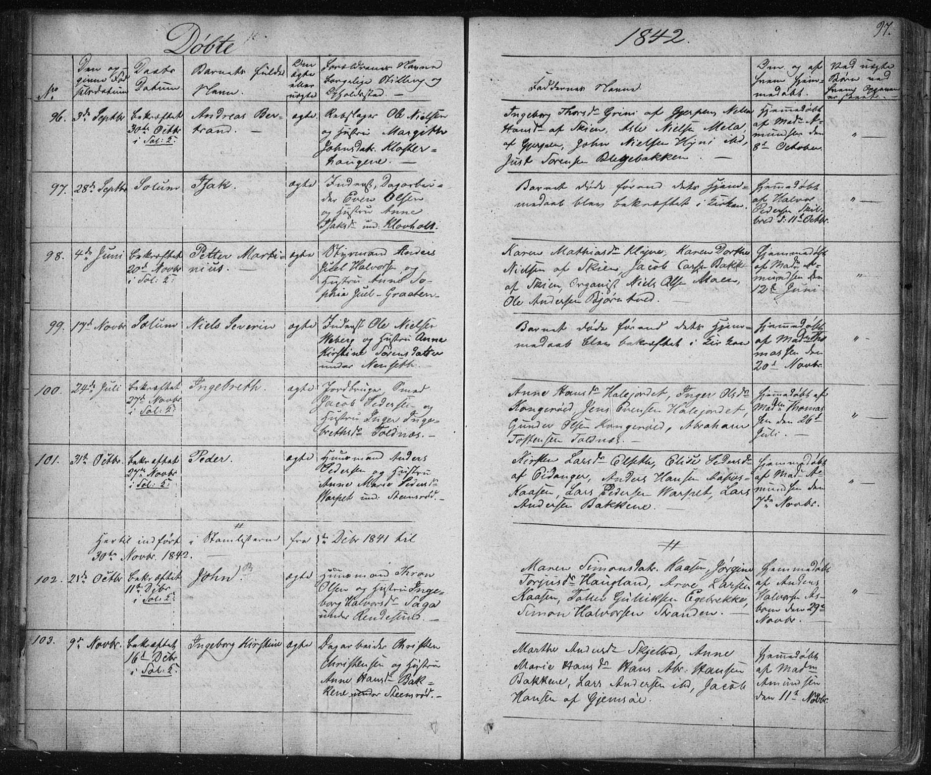 Solum kirkebøker, AV/SAKO-A-306/F/Fa/L0005: Parish register (official) no. I 5, 1833-1843, p. 97