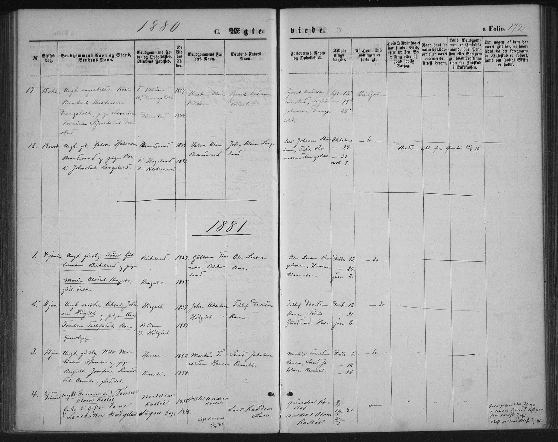 Tveit sokneprestkontor, SAK/1111-0043/F/Fa/L0006: Parish register (official) no. A 6, 1872-1886, p. 172