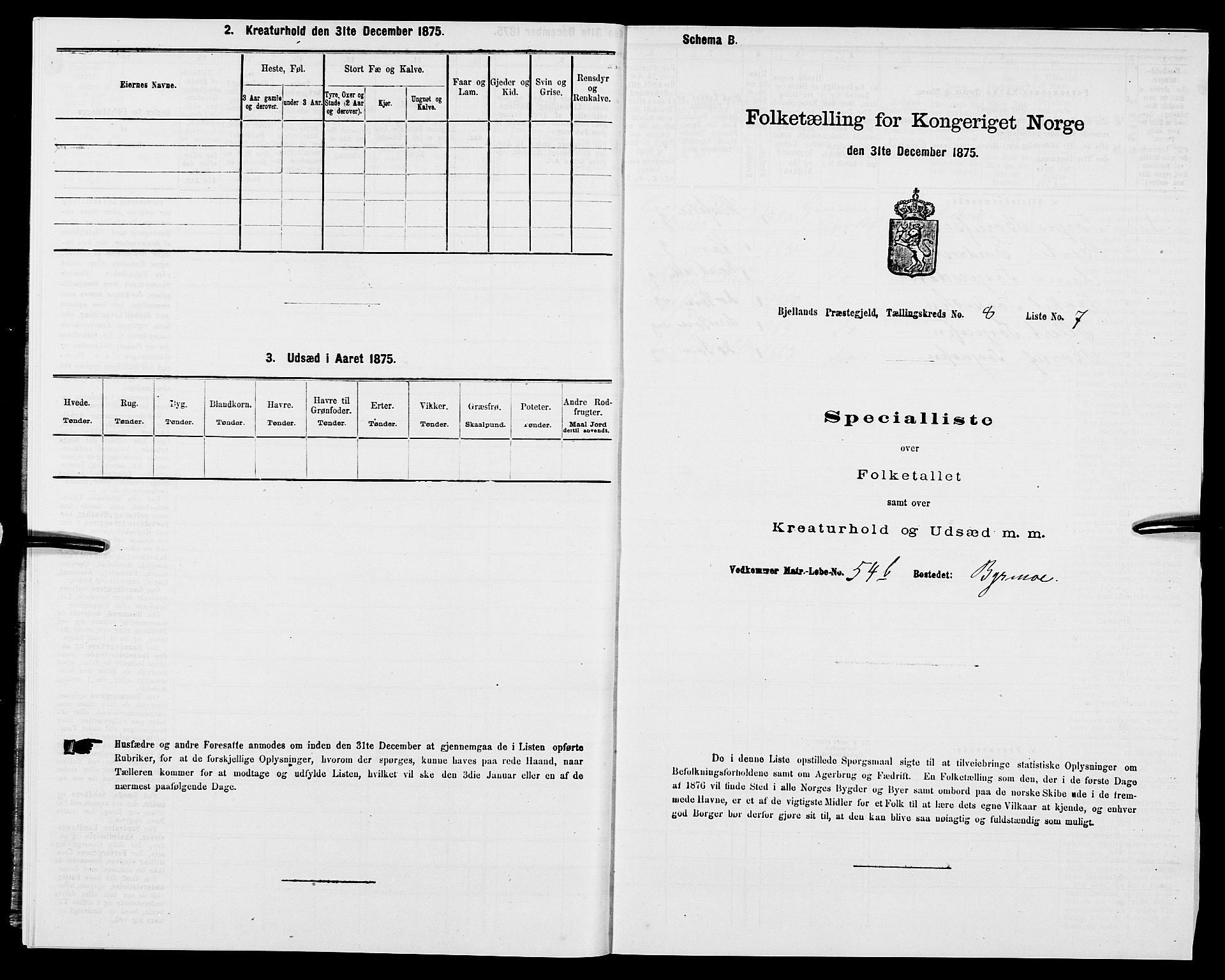 SAK, 1875 census for 1024P Bjelland, 1875, p. 520