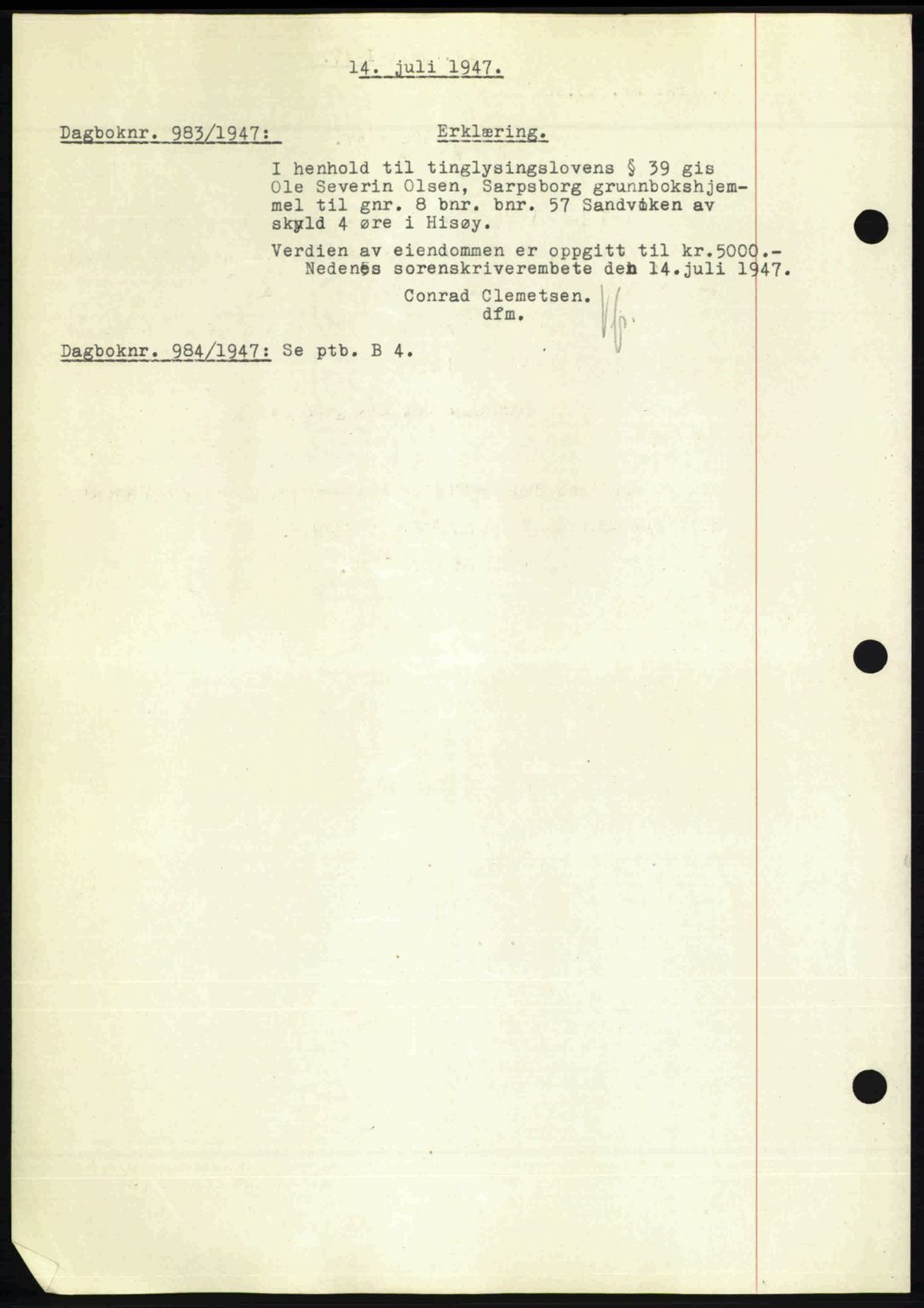 Nedenes sorenskriveri, SAK/1221-0006/G/Gb/Gba/L0057: Mortgage book no. A9, 1947-1947, Diary no: : 983/1947