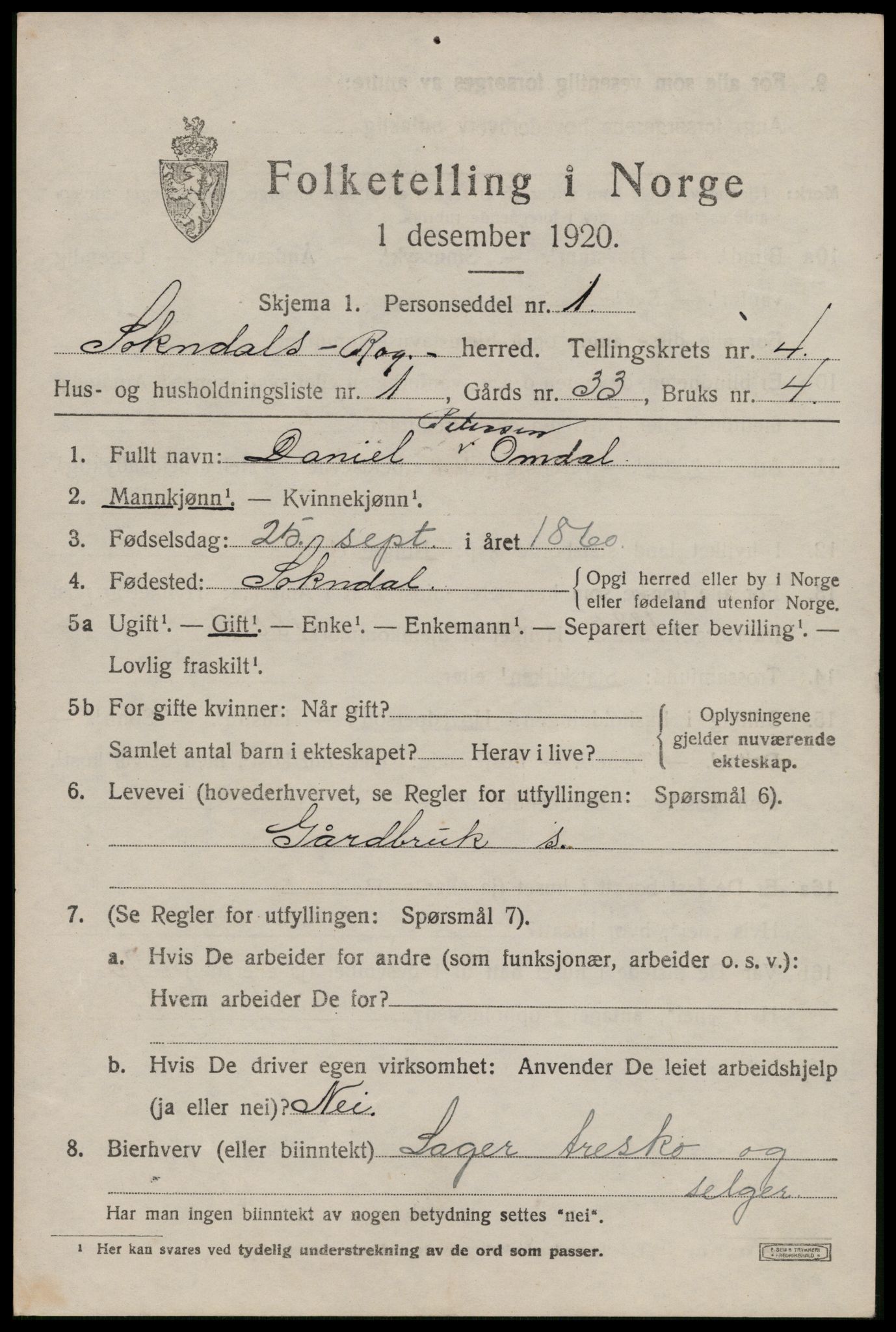 SAST, 1920 census for Sokndal, 1920, p. 2847