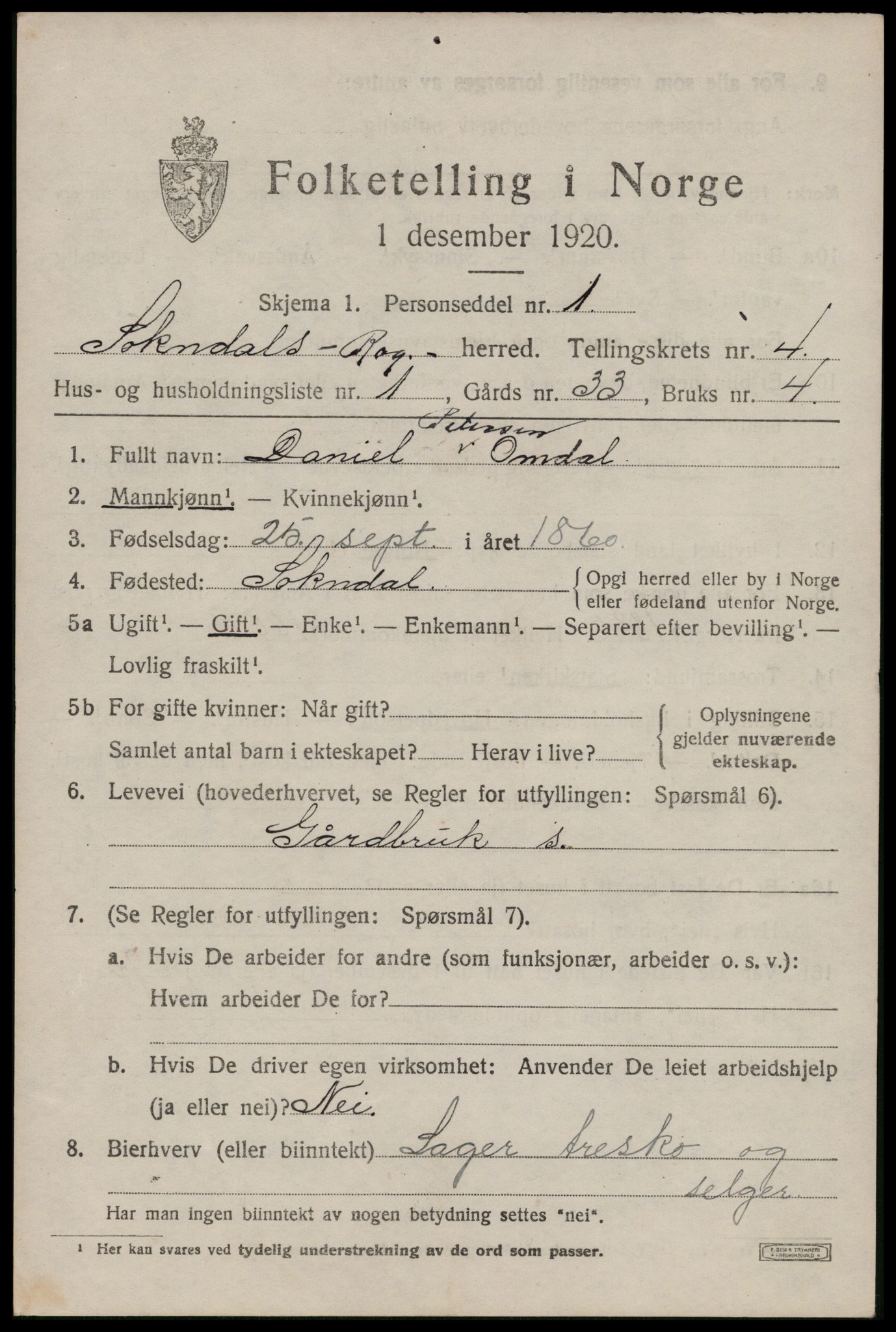 SAST, 1920 census for Sokndal, 1920, p. 2847