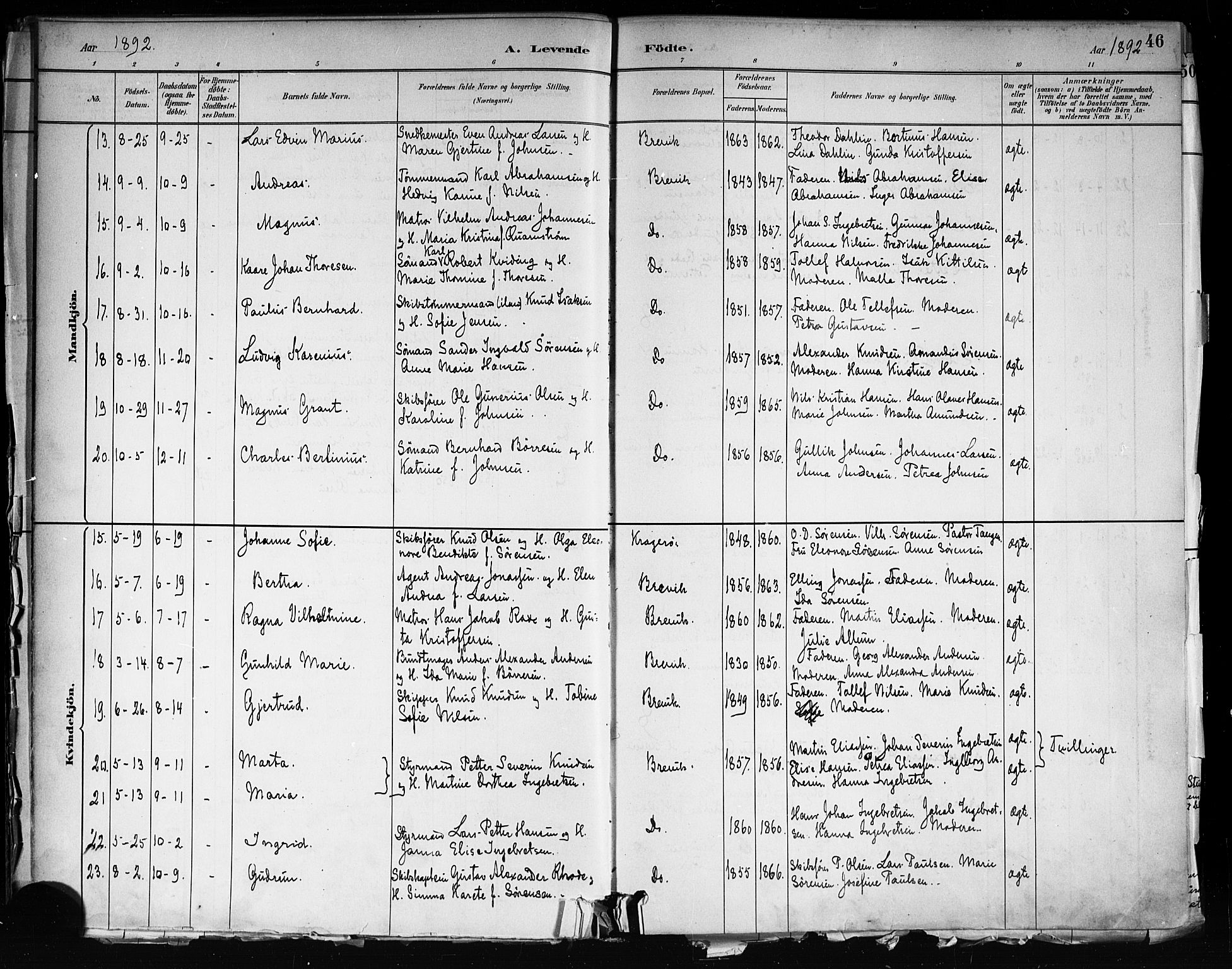 Brevik kirkebøker, SAKO/A-255/F/Fa/L0007: Parish register (official) no. 7, 1882-1900, p. 46