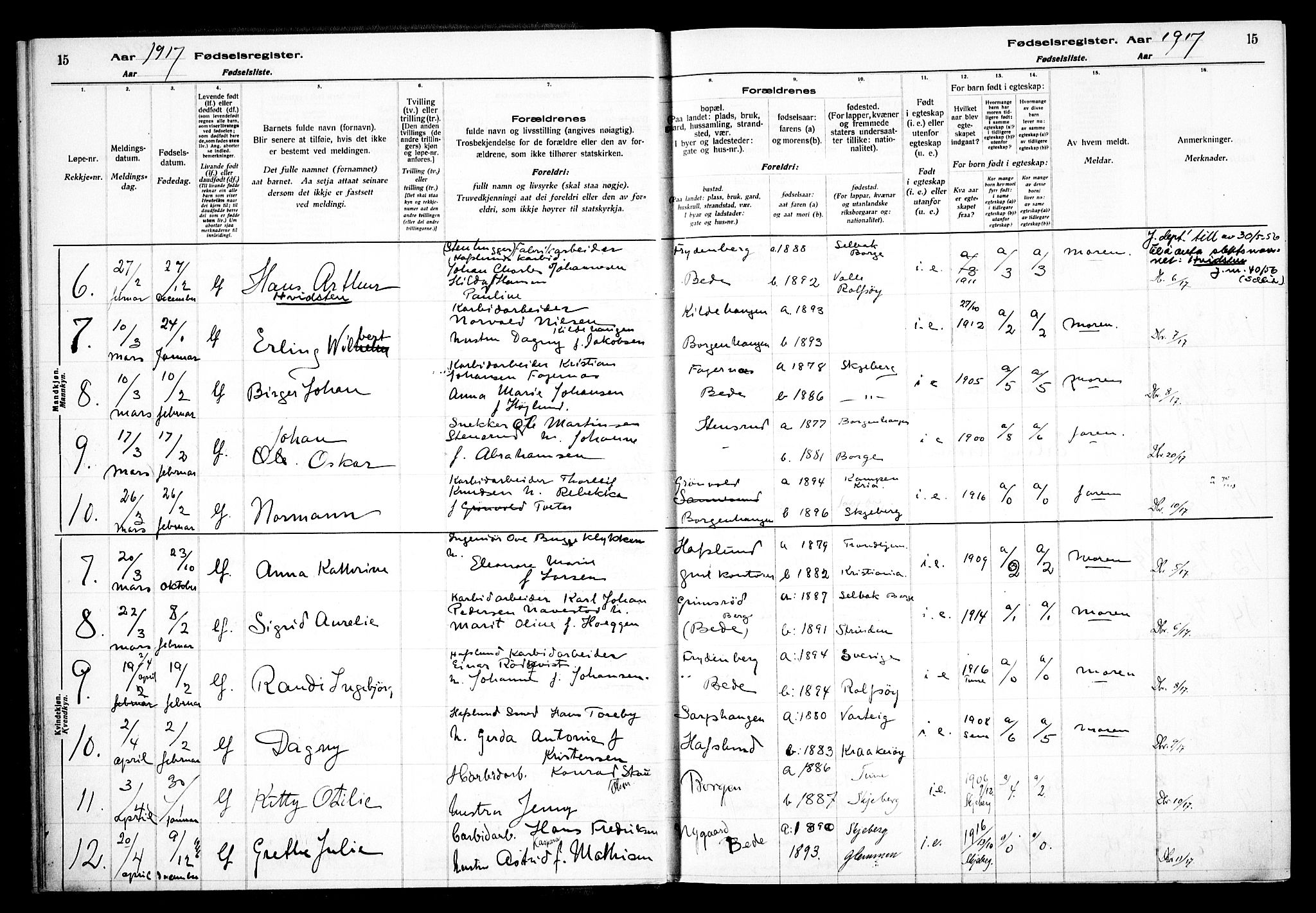 Skjeberg prestekontor Kirkebøker, SAO/A-10923/J/Jd/L0001: Birth register no. IV 1, 1916-1935, p. 15