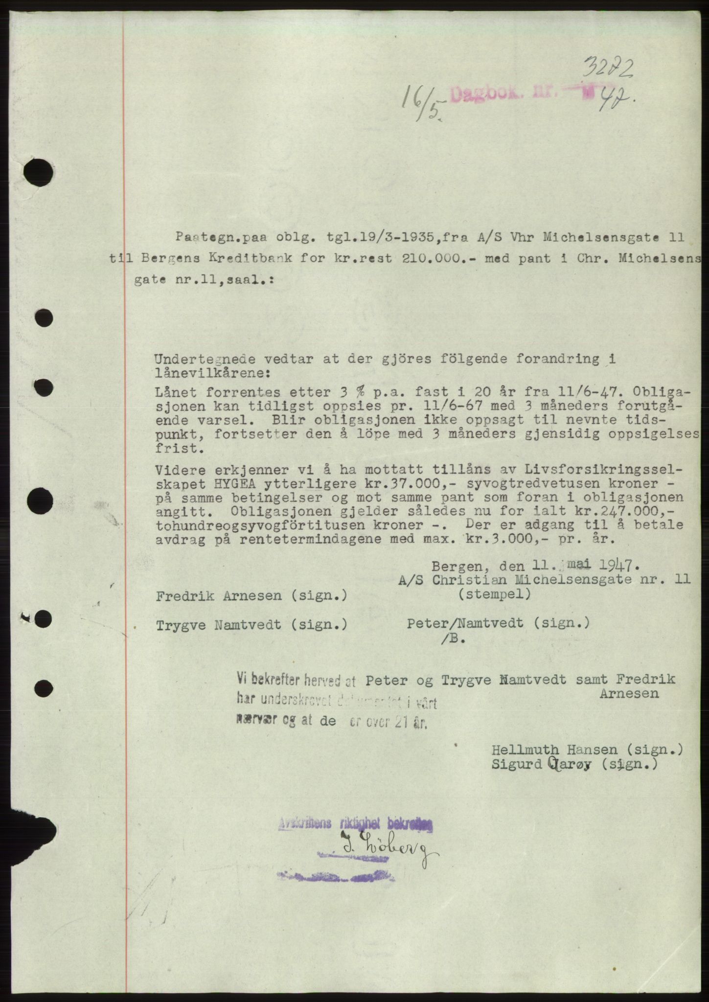 Byfogd og Byskriver i Bergen, SAB/A-3401/03/03Bd/L0003: Mortgage book no. B29-39, 1947-1950, Diary no: : 3272/1947
