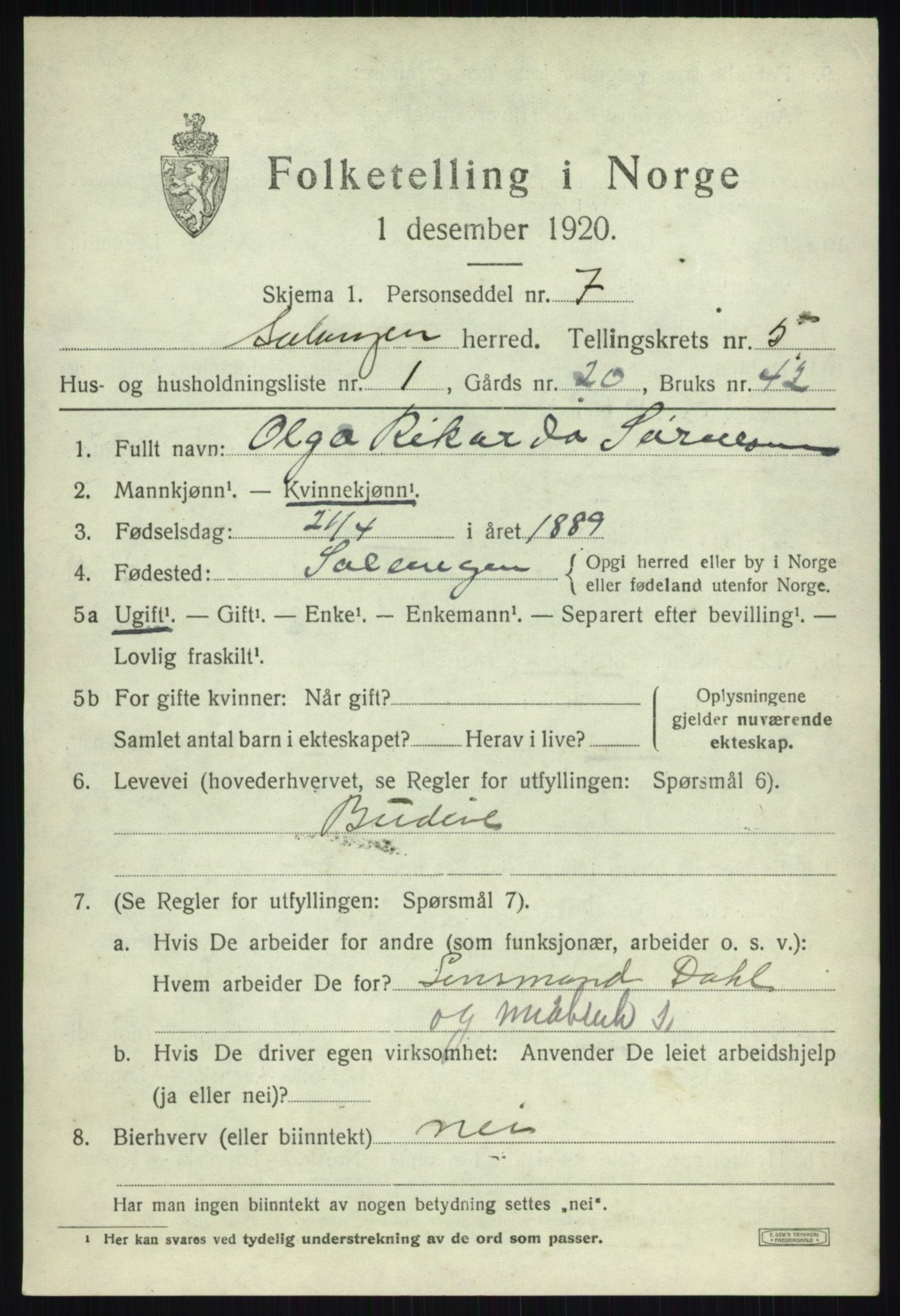 SATØ, 1920 census for Salangen, 1920, p. 3308