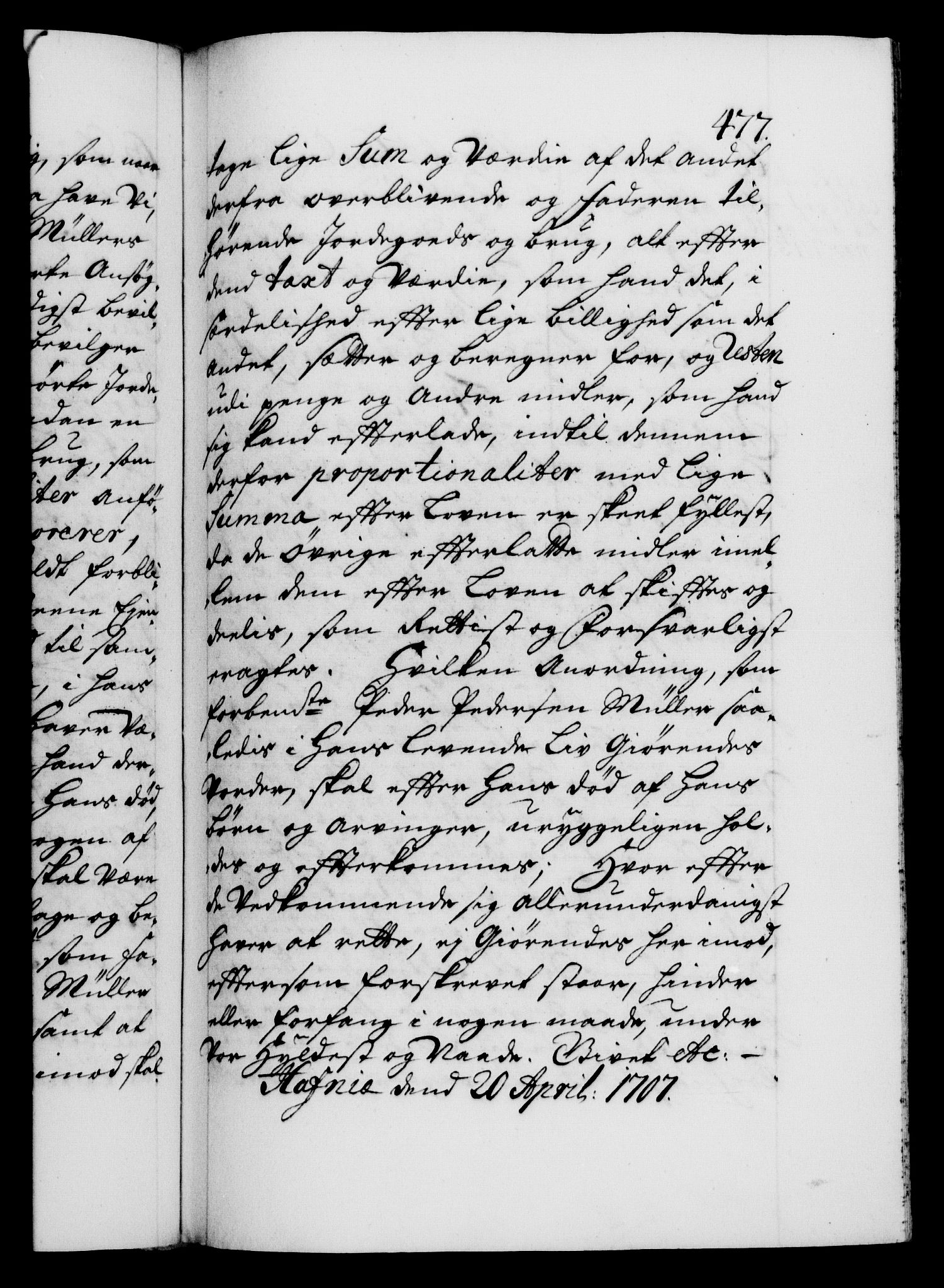 Danske Kanselli 1572-1799, AV/RA-EA-3023/F/Fc/Fca/Fcaa/L0019: Norske registre, 1704-1707, p. 477a