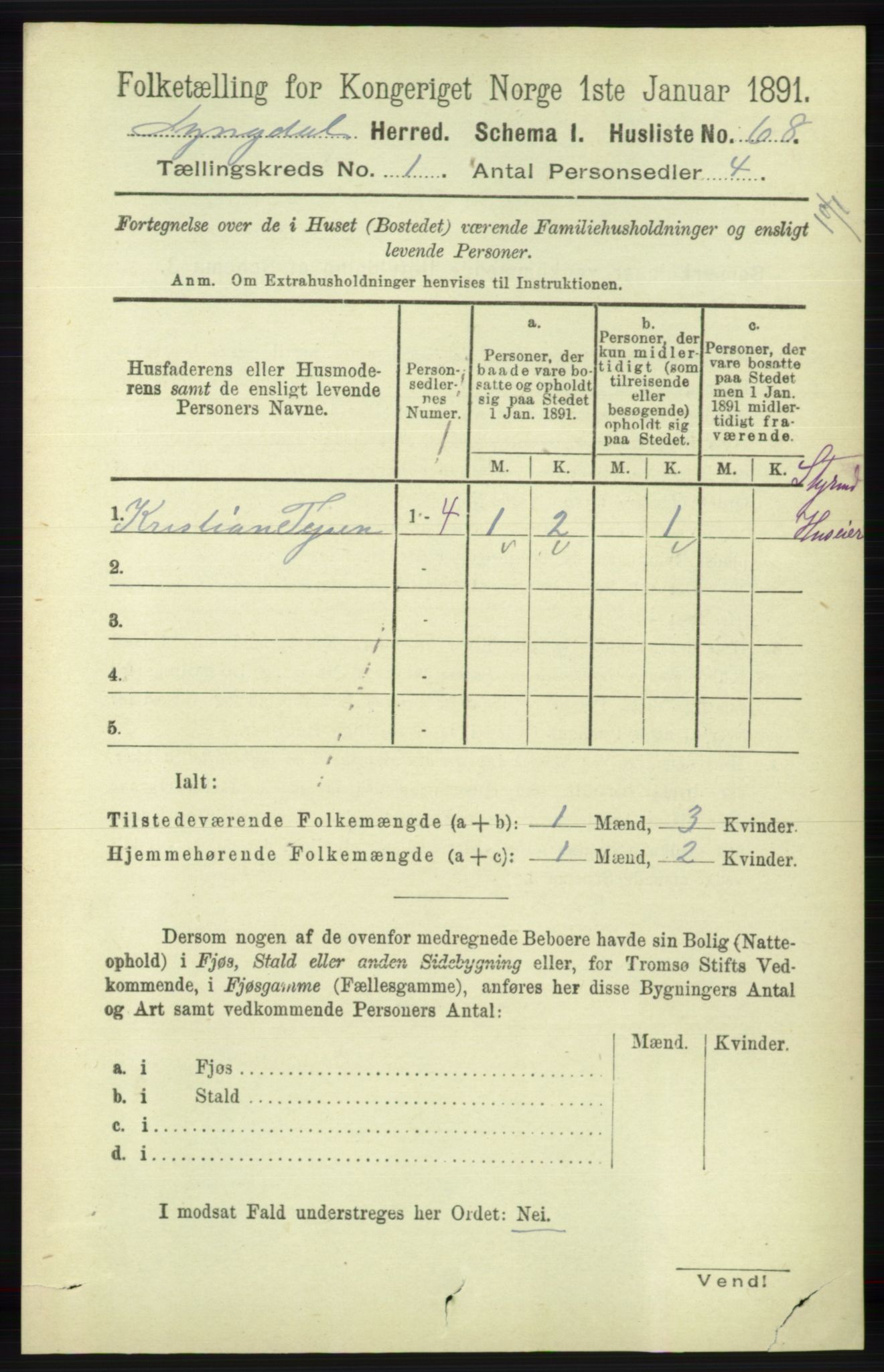 RA, 1891 census for 1032 Lyngdal, 1891, p. 108