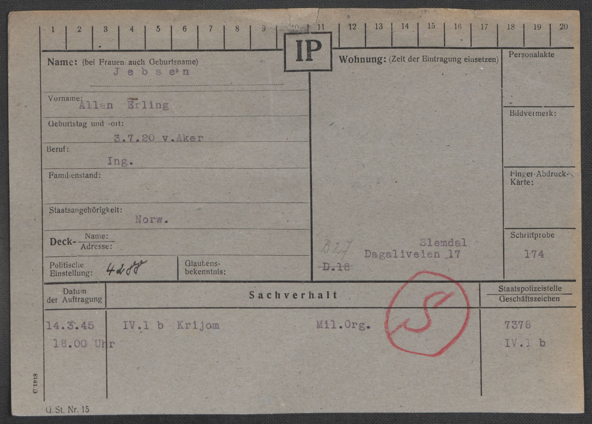 Befehlshaber der Sicherheitspolizei und des SD, RA/RAFA-5969/E/Ea/Eaa/L0005: Register over norske fanger i Møllergata 19: Hø-Kj, 1940-1945, p. 407