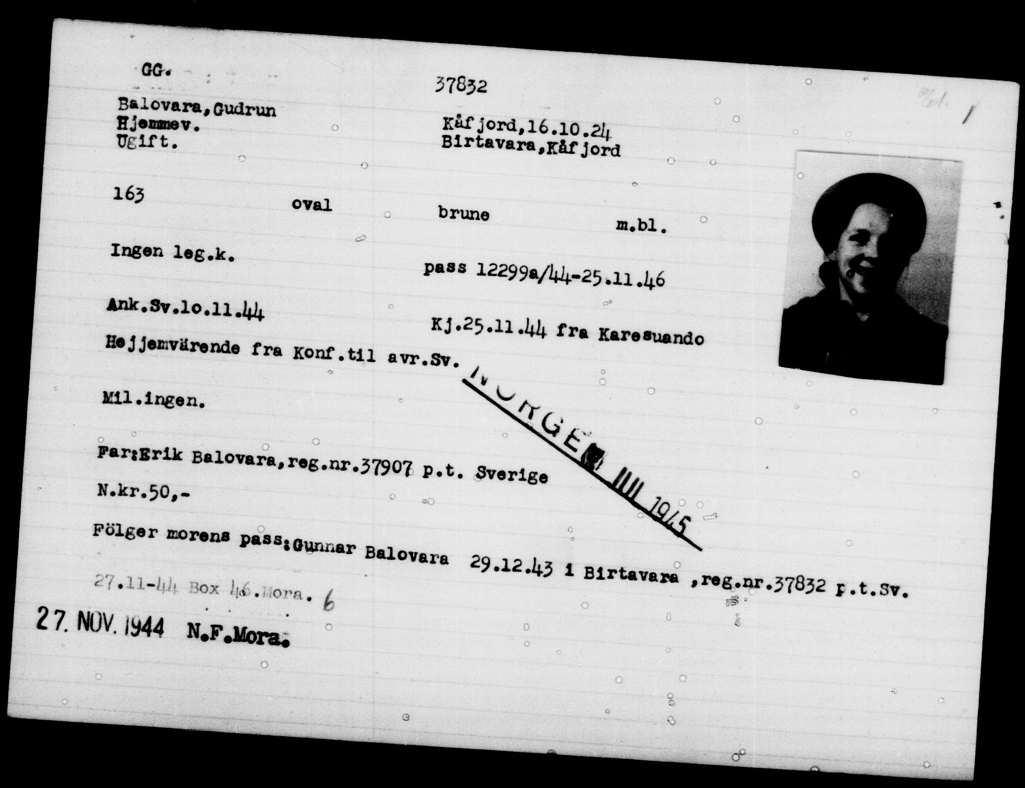 Utenriksstasjonene, Legasjonen i Stockholm, Flyktningkontoret, AV/RA-S-6753/V/Va/L0015: Kjesäterkartoteket, flyktninger med registreringsnr. 37800-40770, 1940-1945, p. 34