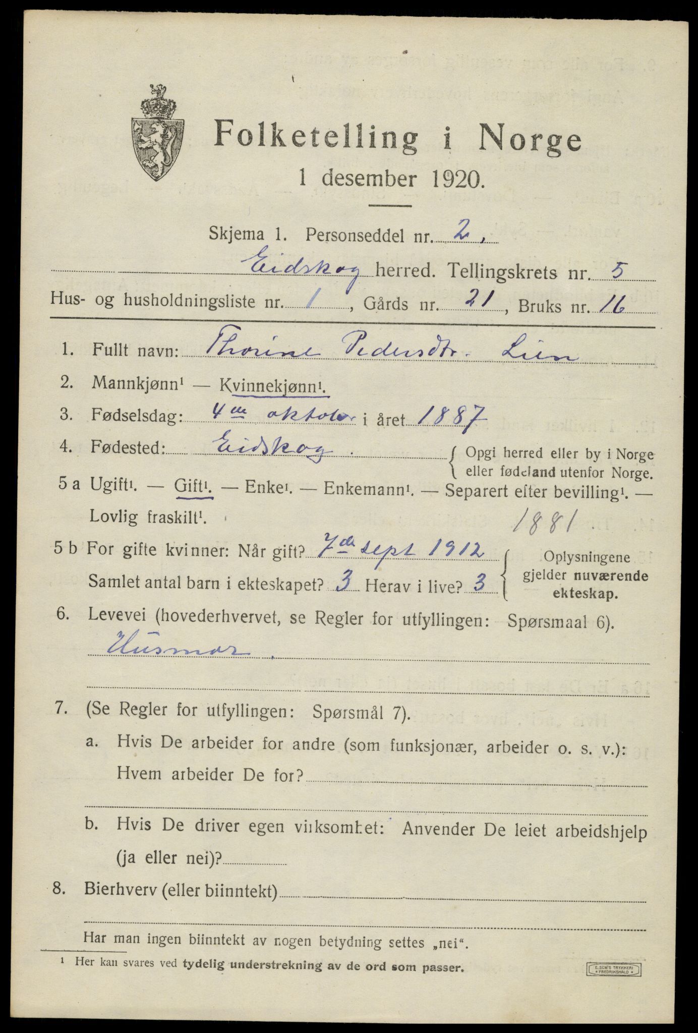 SAH, 1920 census for Eidskog, 1920, p. 5761