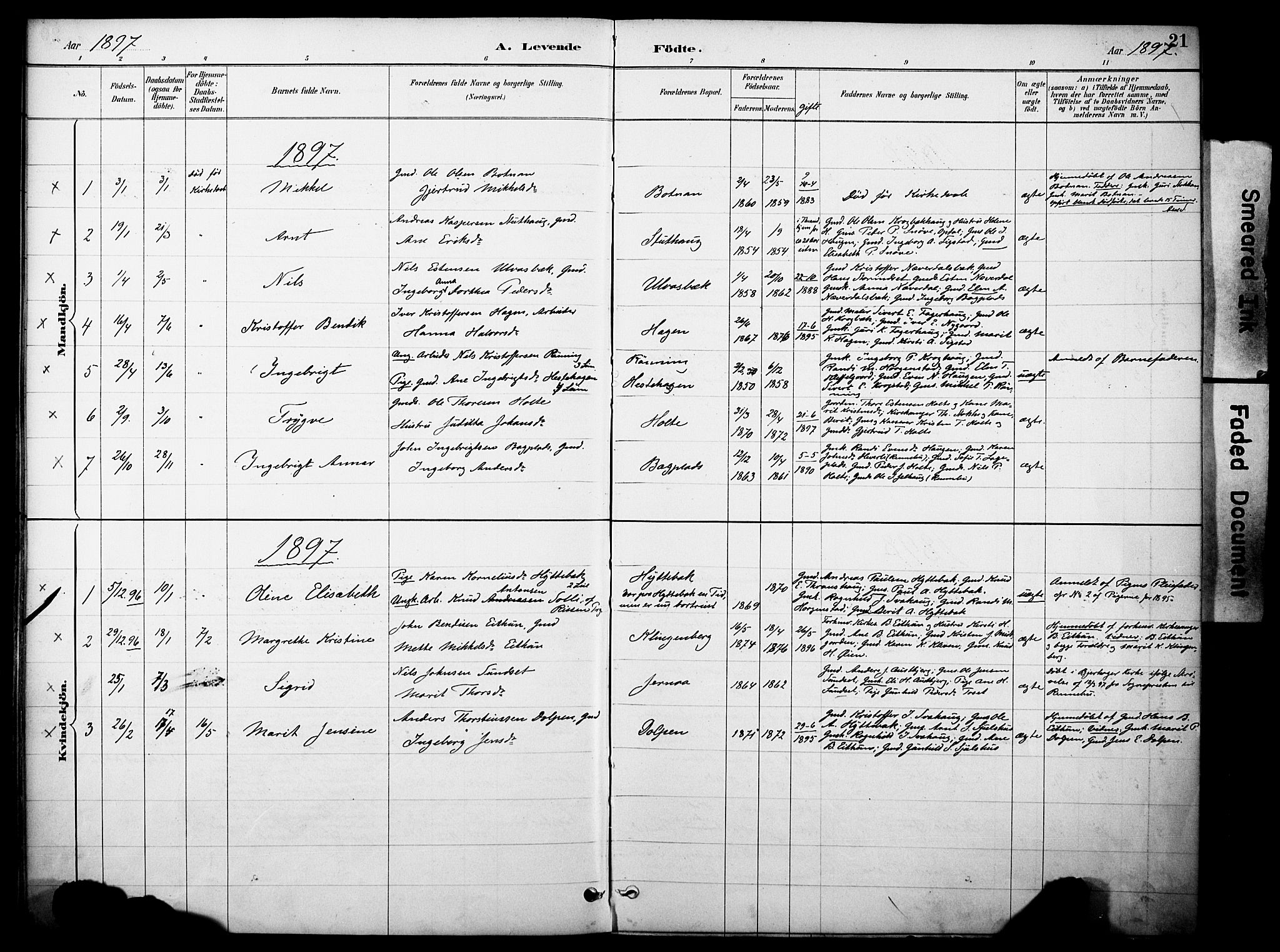 Kvikne prestekontor, AV/SAH-PREST-064/H/Ha/Haa/L0007: Parish register (official) no. 7, 1887-1911, p. 21