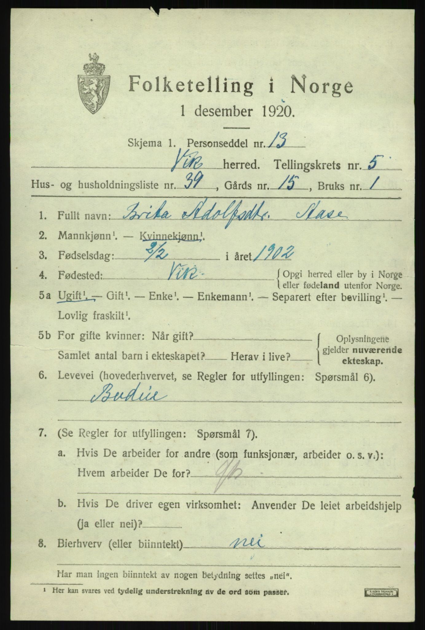 SAB, 1920 census for Vik, 1920, p. 4393