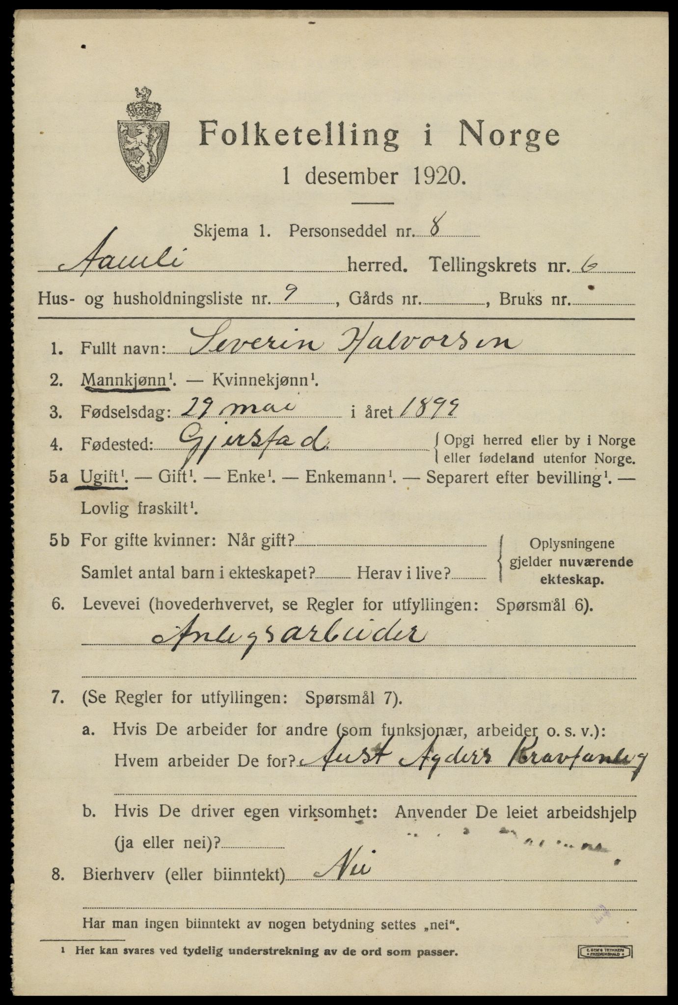 SAK, 1920 census for Åmli, 1920, p. 2725