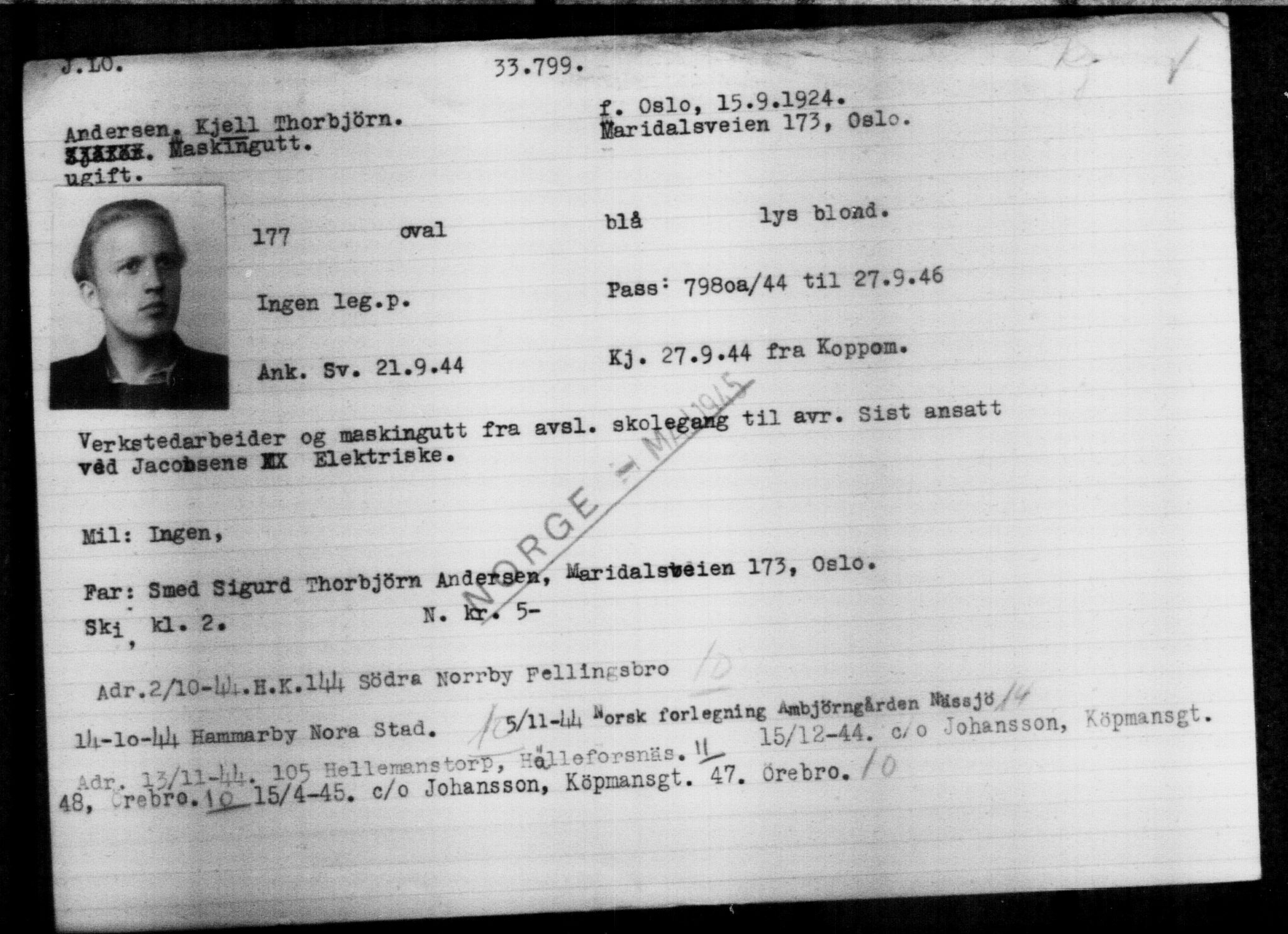 Utenriksstasjonene, Legasjonen i Stockholm, Flyktningkontoret, AV/RA-S-6753/V/Va/L0013: Kjesäterkartoteket, flyktninger med registreringsnr. 31500-34731, 1940-1945, p. 2426