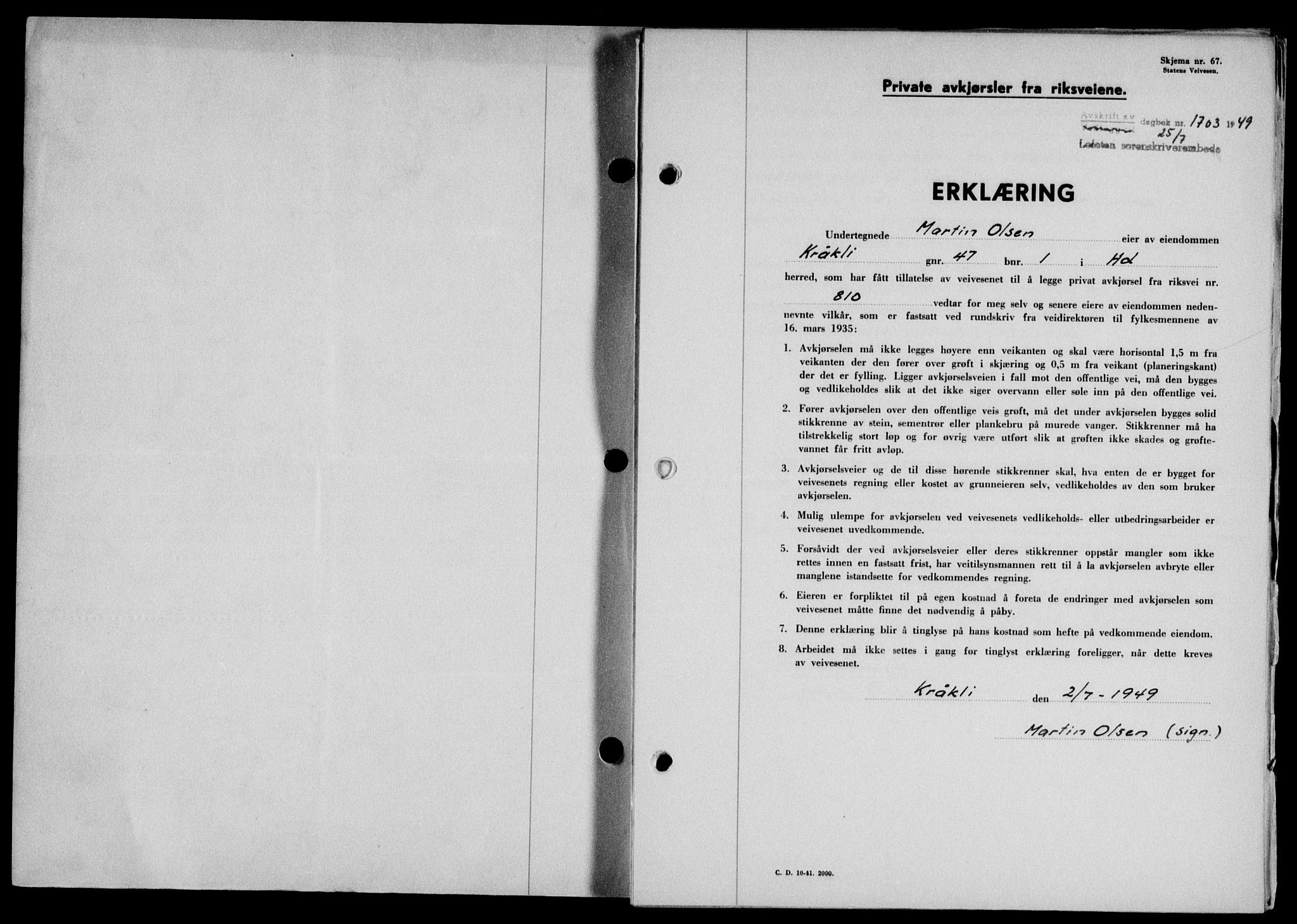 Lofoten sorenskriveri, SAT/A-0017/1/2/2C/L0021a: Mortgage book no. 21a, 1949-1949, Diary no: : 1703/1949