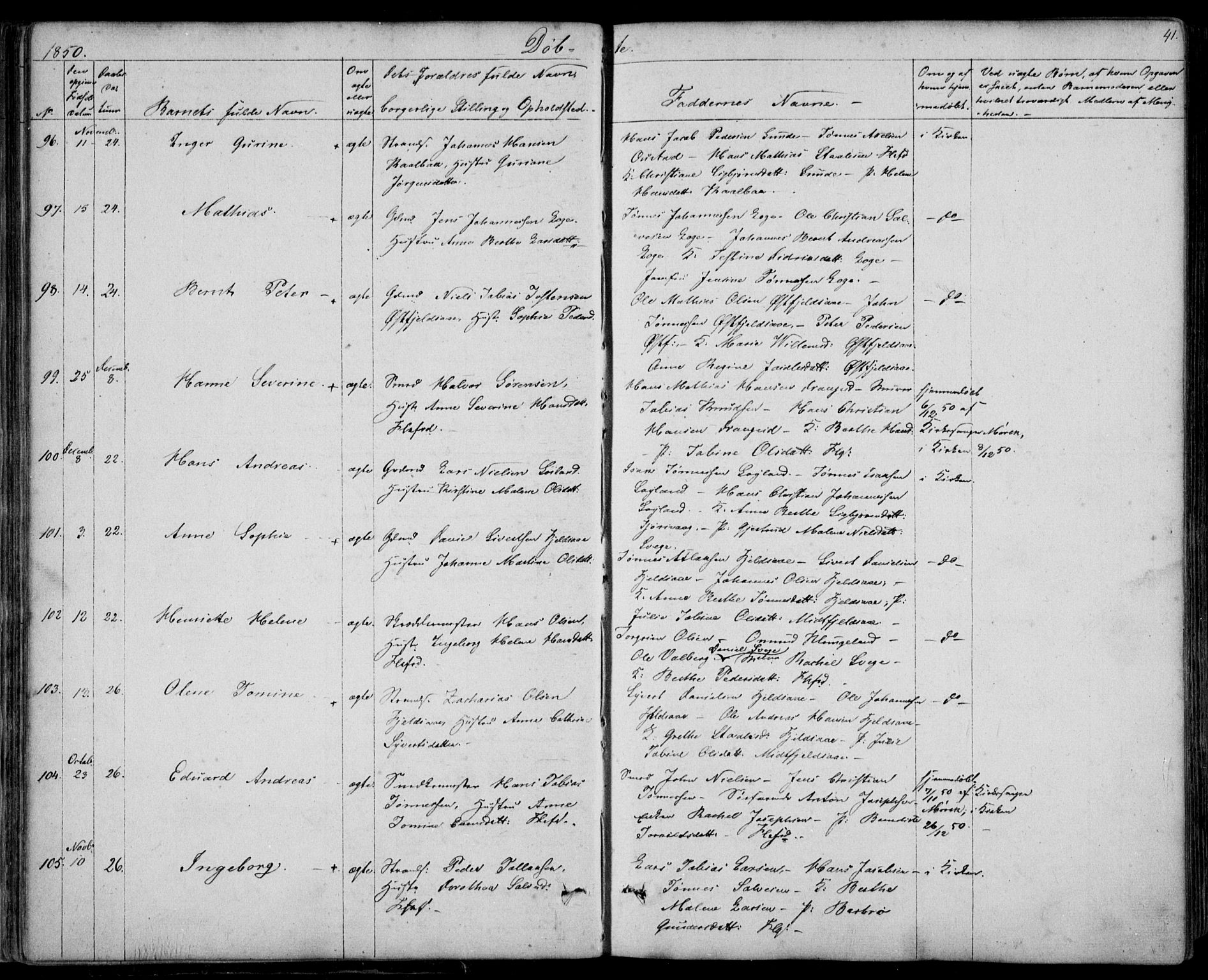 Flekkefjord sokneprestkontor, SAK/1111-0012/F/Fb/Fbc/L0005: Parish register (copy) no. B 5, 1846-1866, p. 41