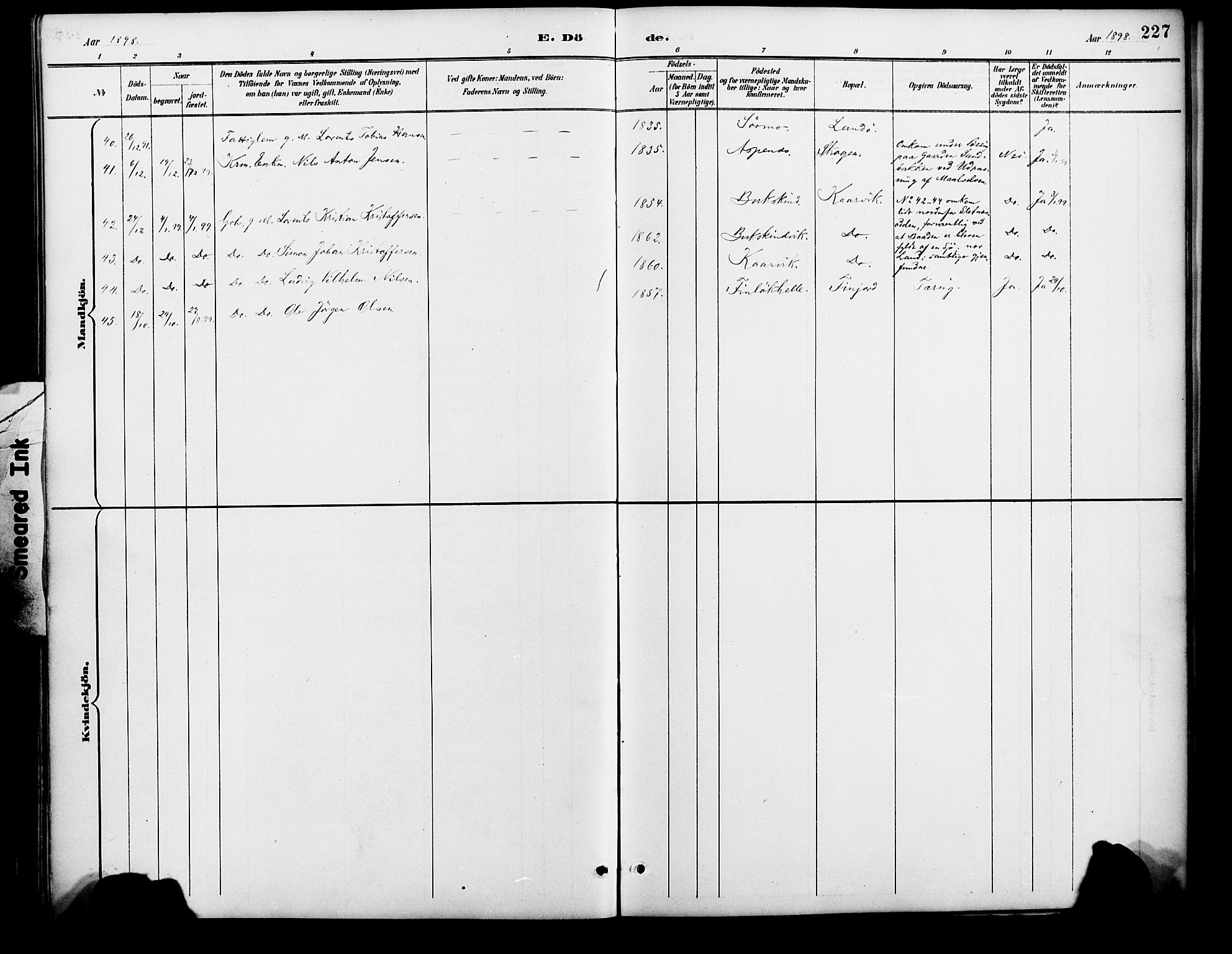 Lenvik sokneprestembete, AV/SATØ-S-1310/H/Ha/Haa/L0013kirke: Parish register (official) no. 13, 1890-1898, p. 227