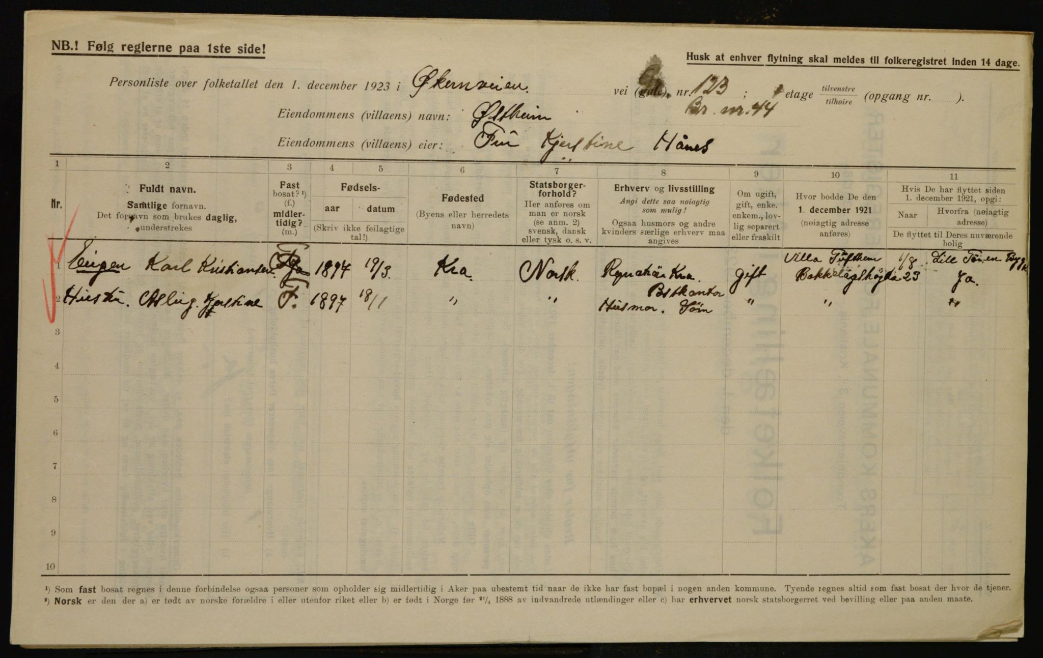 , Municipal Census 1923 for Aker, 1923, p. 36013