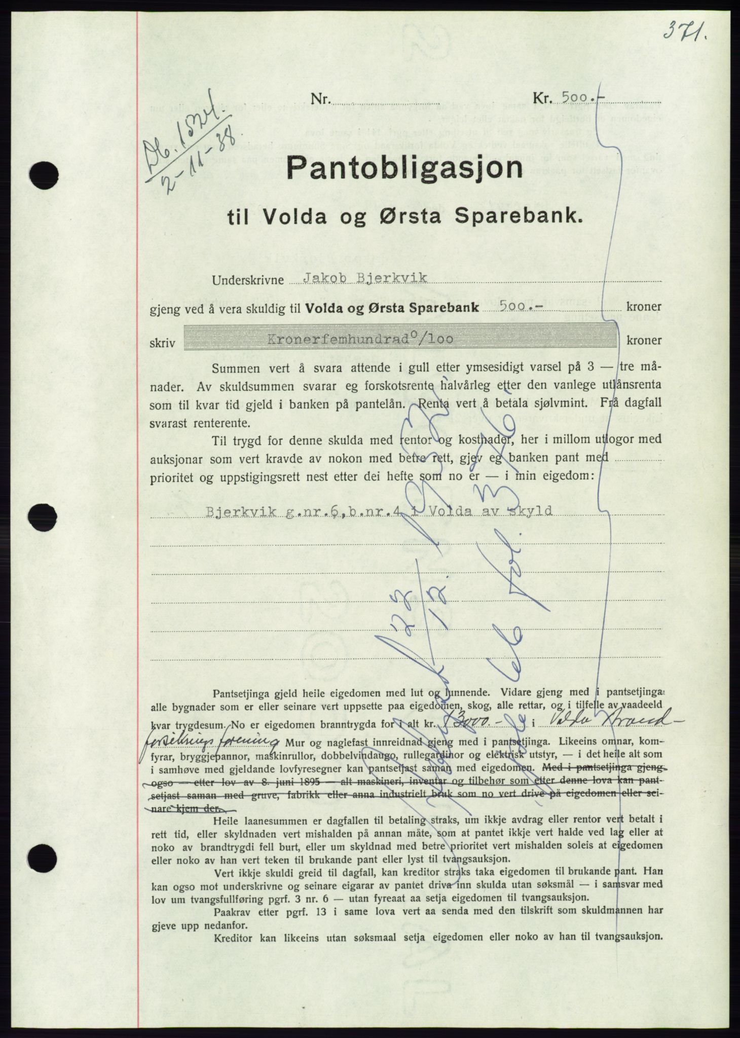 Søre Sunnmøre sorenskriveri, AV/SAT-A-4122/1/2/2C/L0066: Mortgage book no. 60, 1938-1938, Diary no: : 1524/1938