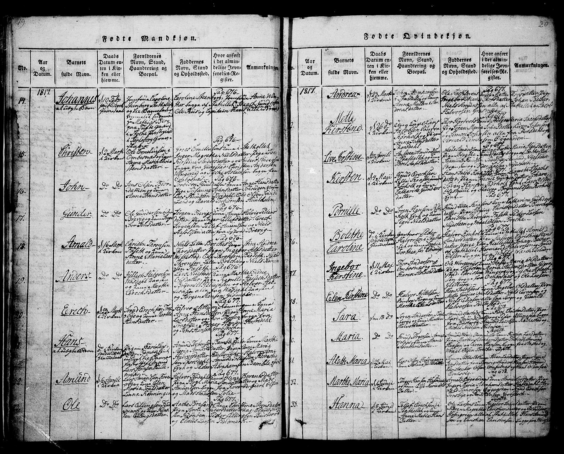 Bamble kirkebøker, AV/SAKO-A-253/G/Ga/L0005: Parish register (copy) no. I 5, 1814-1855, p. 19-20