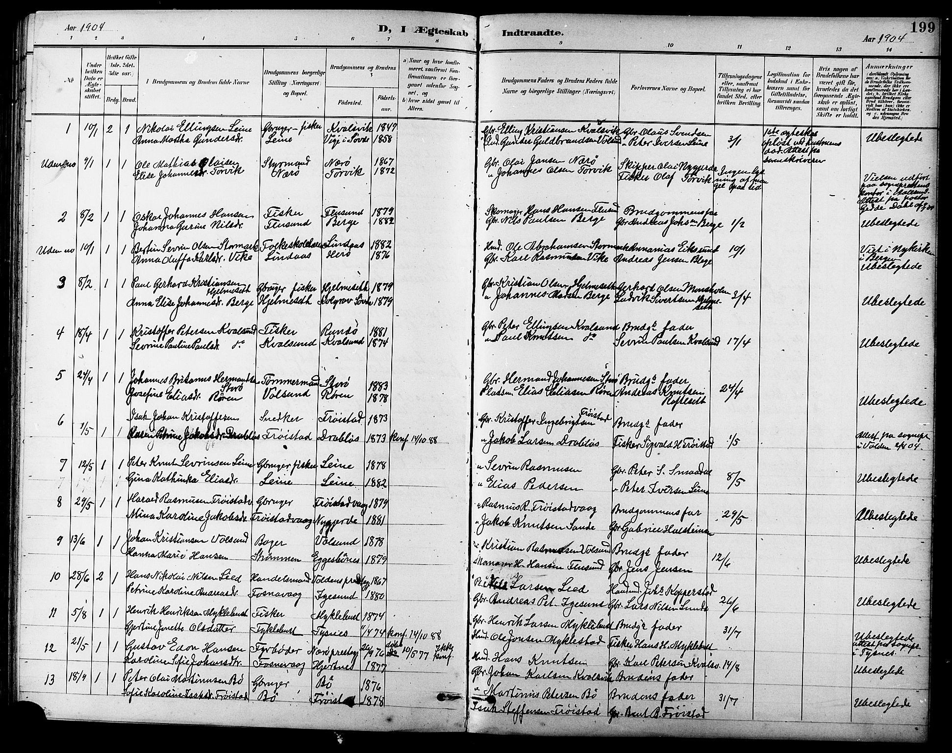 Ministerialprotokoller, klokkerbøker og fødselsregistre - Møre og Romsdal, AV/SAT-A-1454/507/L0082: Parish register (copy) no. 507C05, 1896-1914, p. 199