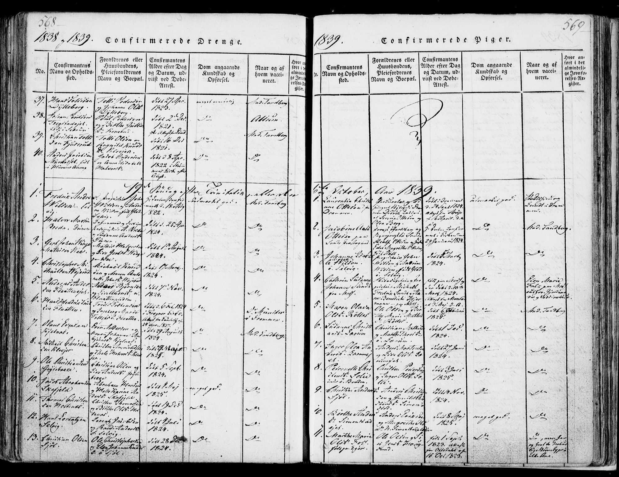 Sande Kirkebøker, SAKO/A-53/F/Fa/L0003: Parish register (official) no. 3, 1814-1847, p. 568-569