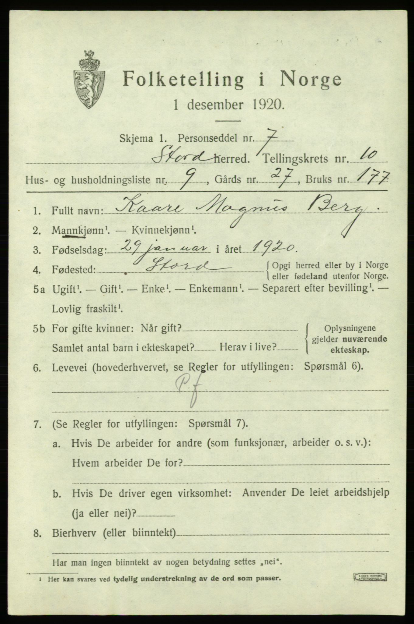 SAB, 1920 census for Stord, 1920, p. 5551