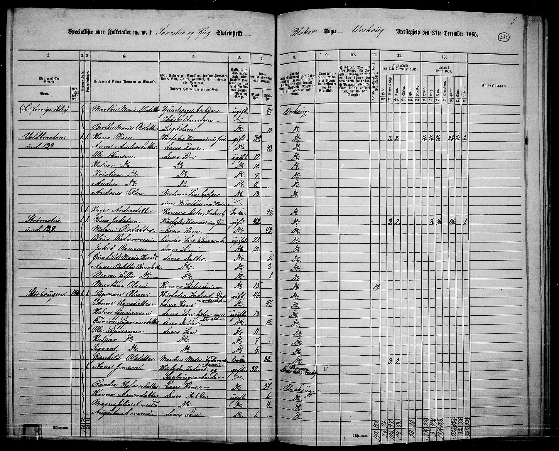 RA, 1865 census for Aurskog, 1865, p. 186