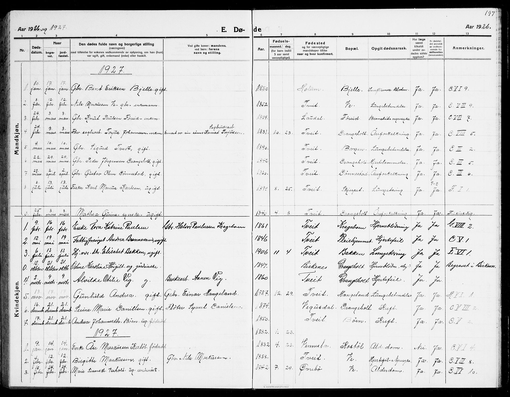 Tveit sokneprestkontor, AV/SAK-1111-0043/F/Fb/L0005: Parish register (copy) no. B 5, 1915-1941, p. 197