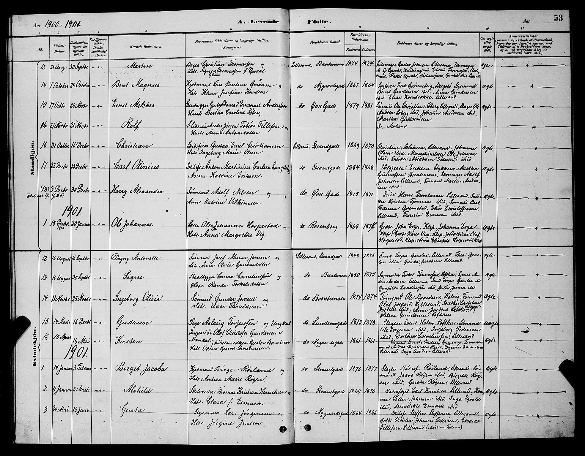 Vestre Moland sokneprestkontor, SAK/1111-0046/F/Fb/Fba/L0001: Parish register (copy) no. B 1, 1884-1903, p. 53