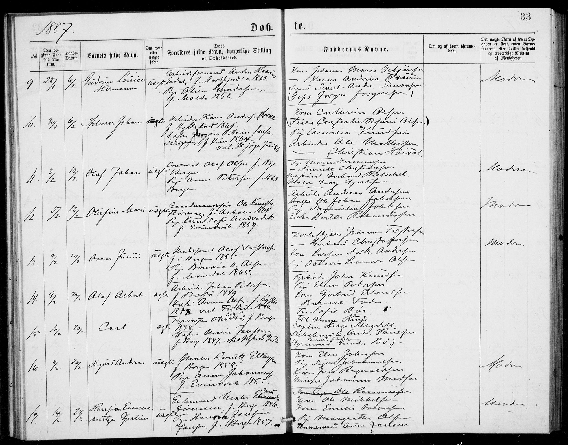 Fødselsstiftelsens sokneprestembete, ført av overlegen*, SAB/-: Parish register (official) no. A 2, 1884-1900, p. 33