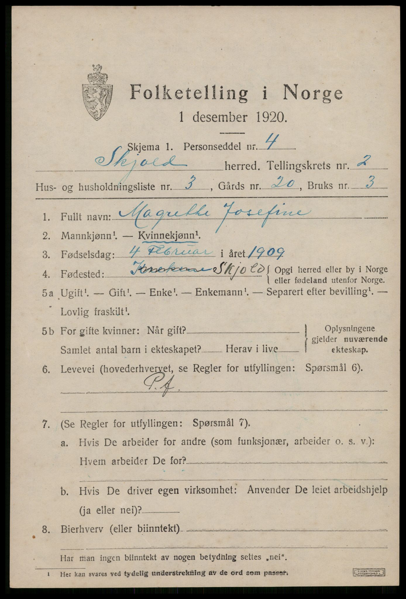 SAST, 1920 census for Skjold, 1920, p. 1704