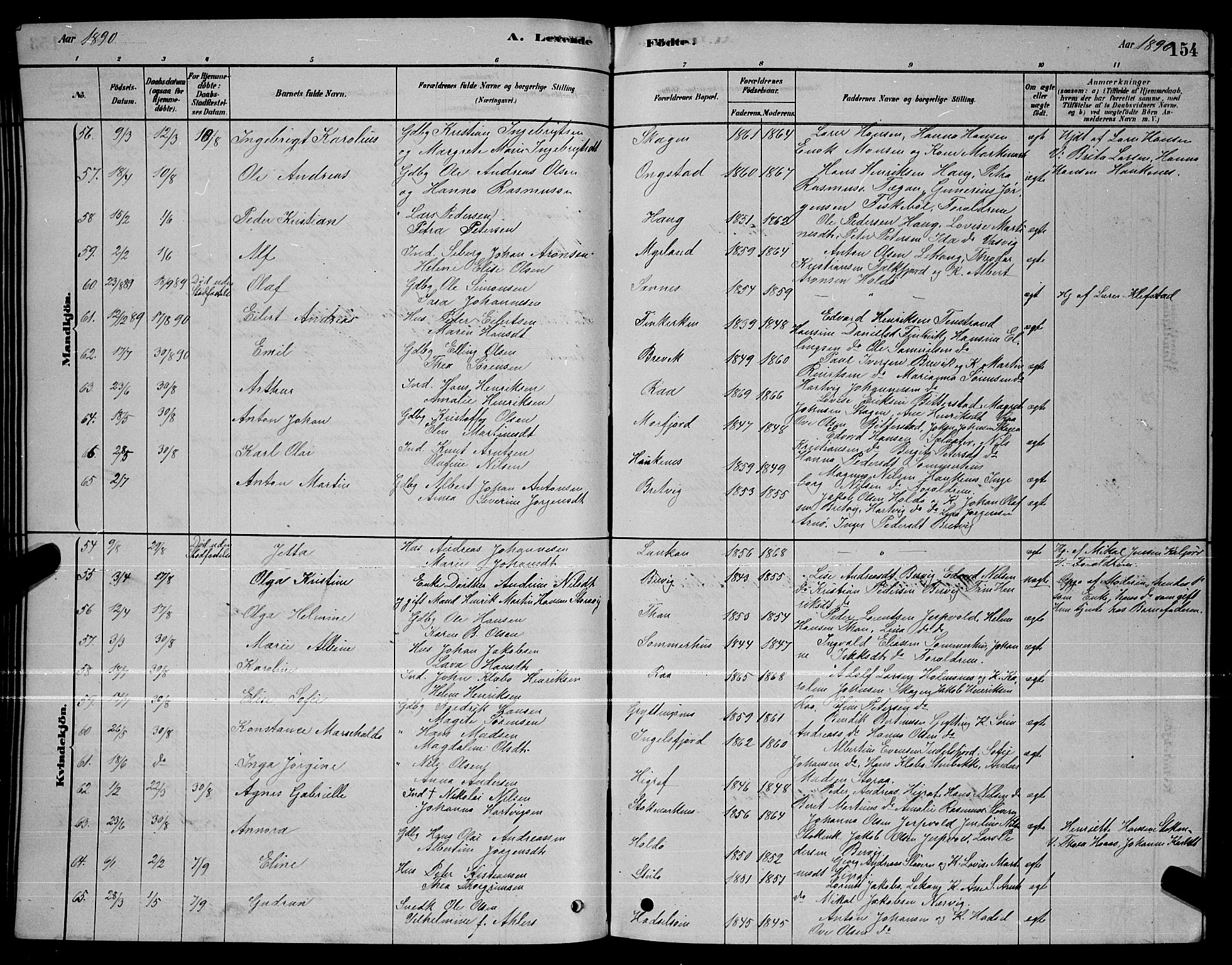 Ministerialprotokoller, klokkerbøker og fødselsregistre - Nordland, AV/SAT-A-1459/888/L1267: Parish register (copy) no. 888C05, 1878-1890, p. 154