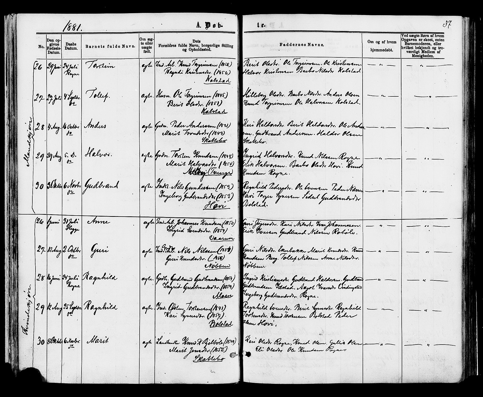 Øystre Slidre prestekontor, SAH/PREST-138/H/Ha/Haa/L0002: Parish register (official) no. 2, 1874-1886, p. 37