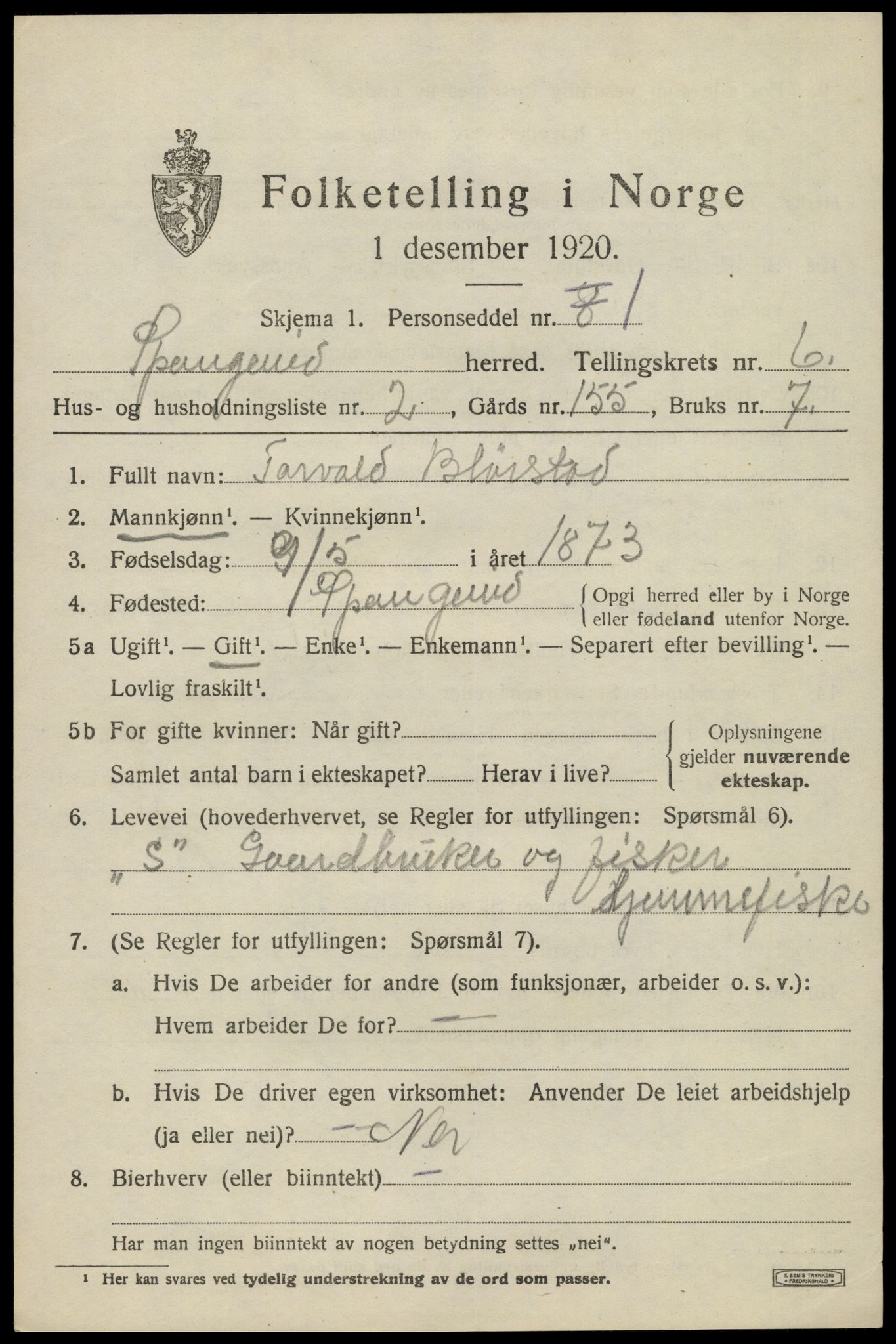 SAK, 1920 census for Spangereid, 1920, p. 2219