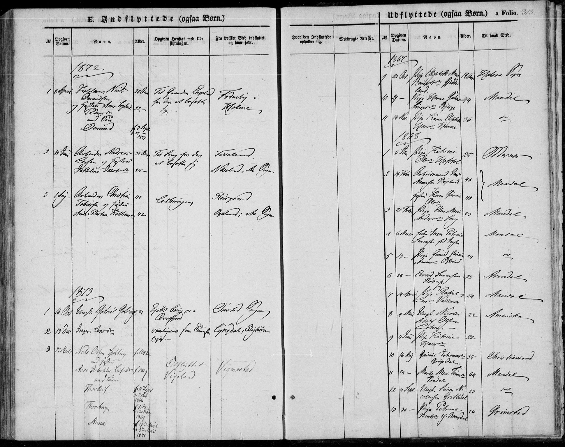 Sør-Audnedal sokneprestkontor, AV/SAK-1111-0039/F/Fa/Fab/L0007: Parish register (official) no. A 7, 1855-1876, p. 313