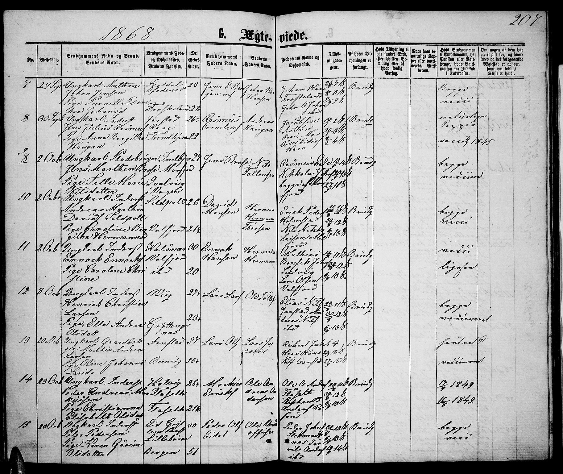 Ministerialprotokoller, klokkerbøker og fødselsregistre - Nordland, AV/SAT-A-1459/888/L1266: Parish register (copy) no. 888C04, 1864-1877, p. 207