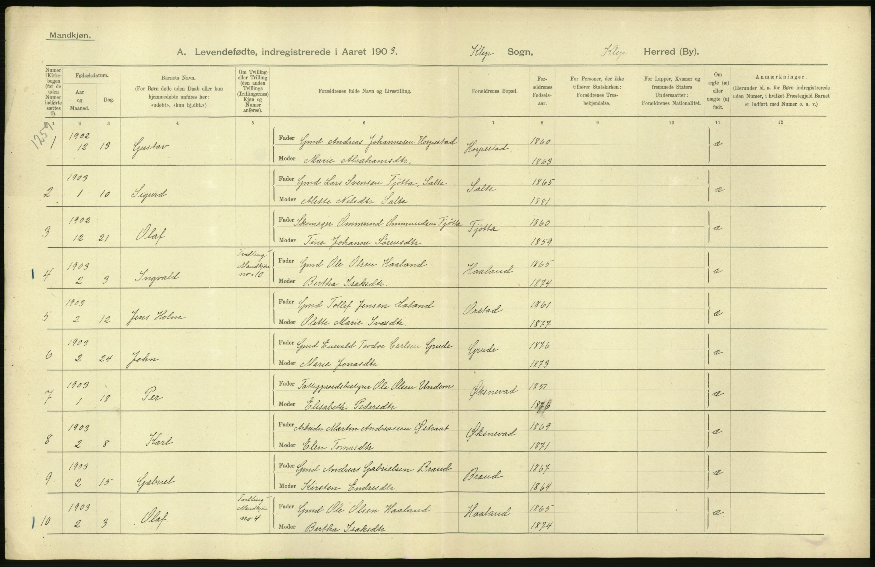 Statistisk sentralbyrå, Sosiodemografiske emner, Befolkning, AV/RA-S-2228/D/Df/Dfa/Dfaa/L0012: Stavanger amt: Fødte, gifte, døde, 1903, p. 42