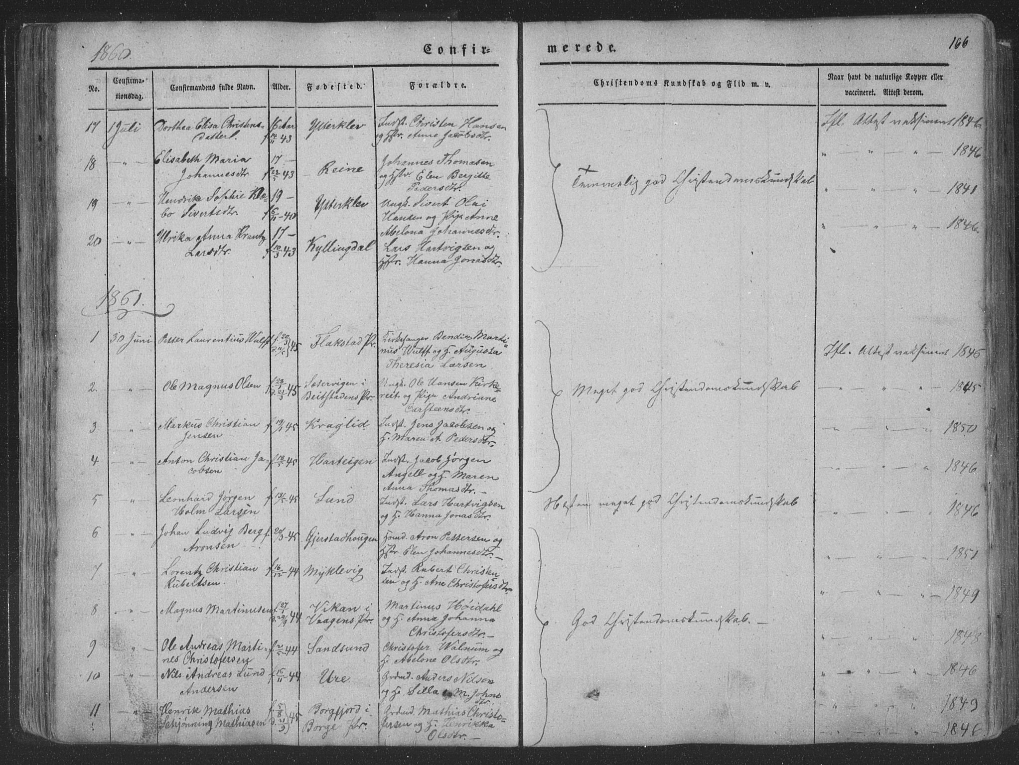 Ministerialprotokoller, klokkerbøker og fødselsregistre - Nordland, AV/SAT-A-1459/881/L1165: Parish register (copy) no. 881C02, 1854-1876, p. 166