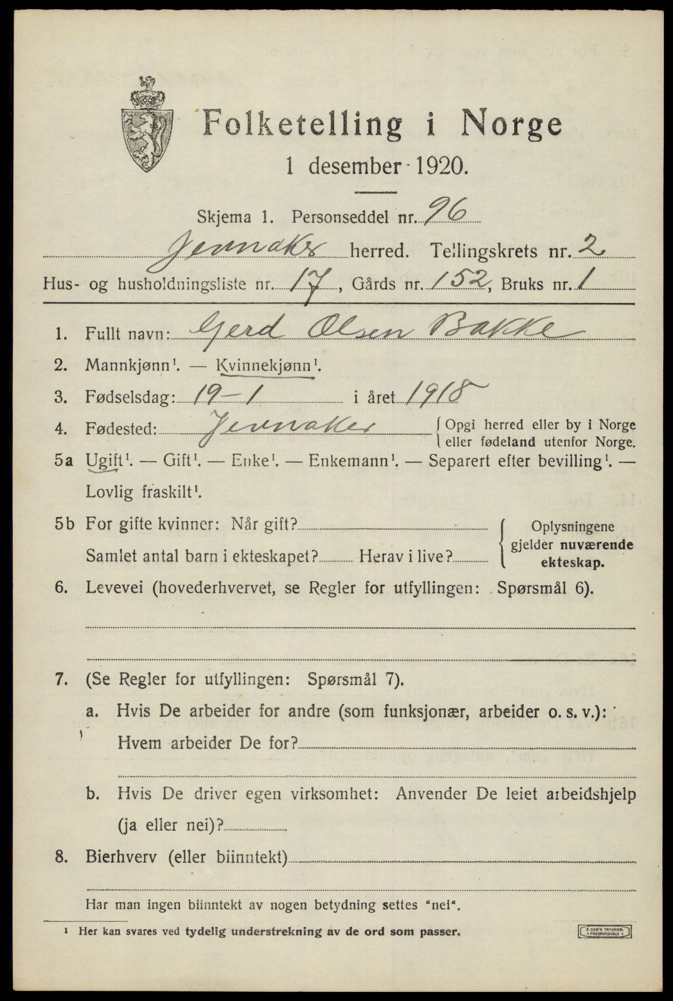 SAH, 1920 census for Jevnaker, 1920, p. 1597